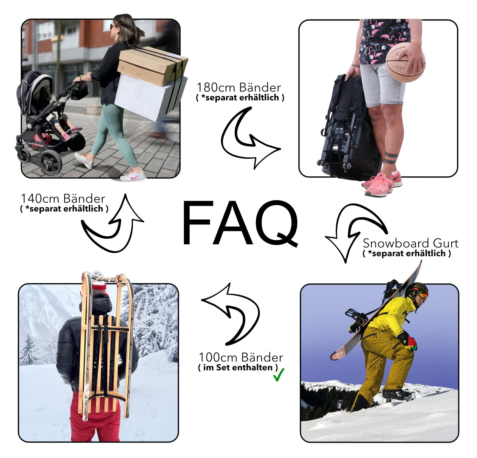 KLETTPACK® Tragegurt für Snowboards, Ski, Mountainboards, Longboards. Tragehilfe und Rückengurt für den Alltag.