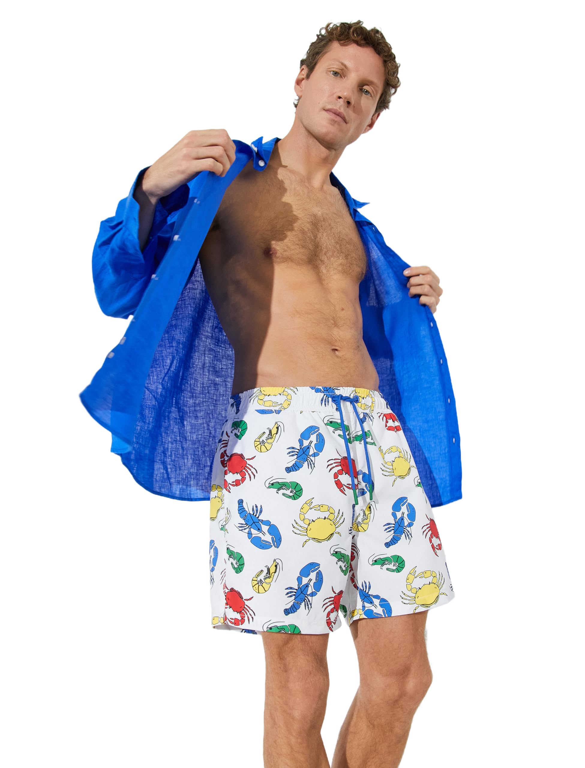 Koton Men's Swim Trunk Animal Printed Drawstring Pocket Detailed Swim Trunks, White Design(07A),