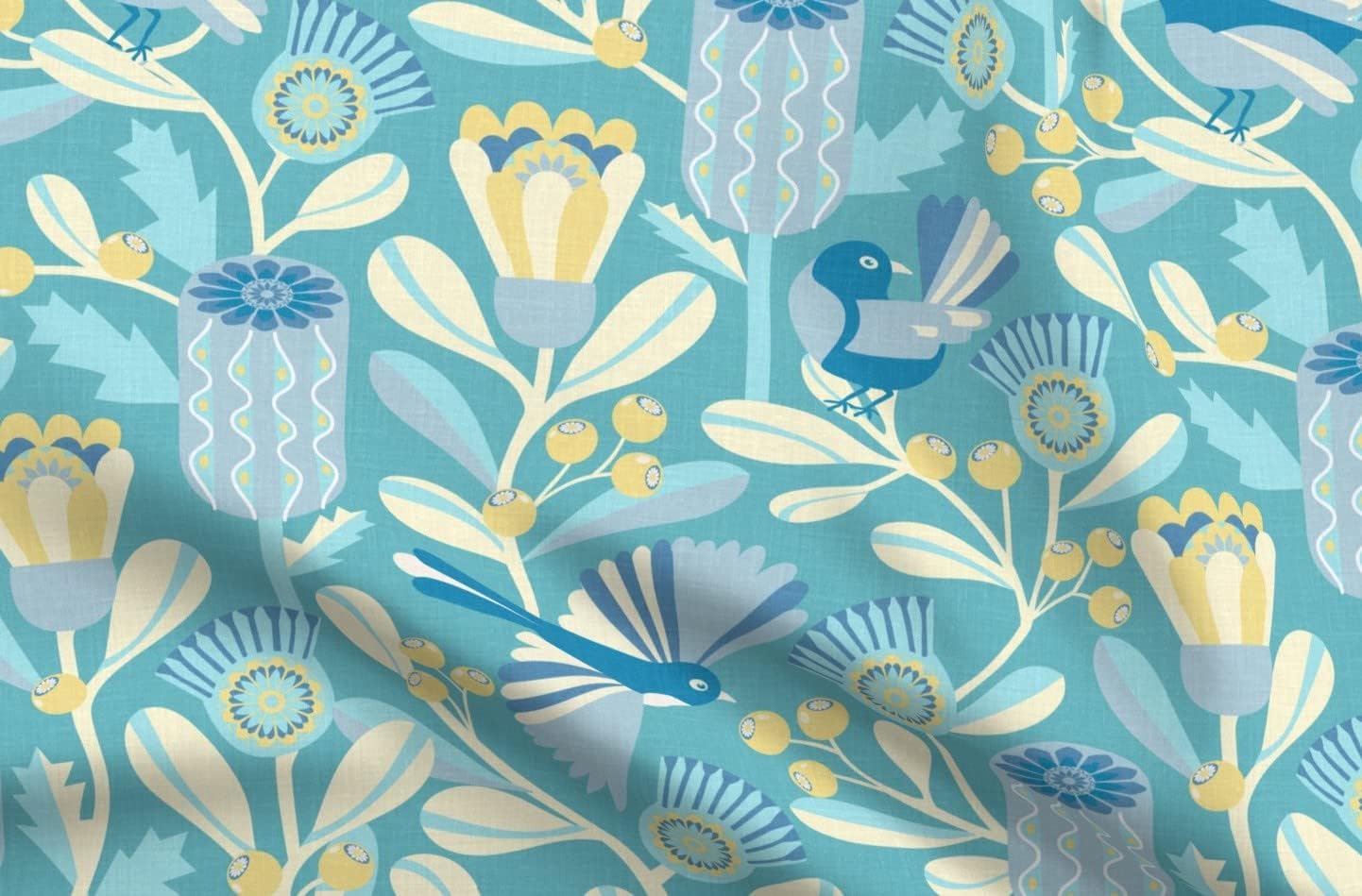 Spoonflower Fabric - Garden Retro Flowers Mid Century Modern Blue Floral Australian Flora Printed on Organic Cotton Sateen Fabric by The Yard - Sewing Quilting Apparel Home Decor