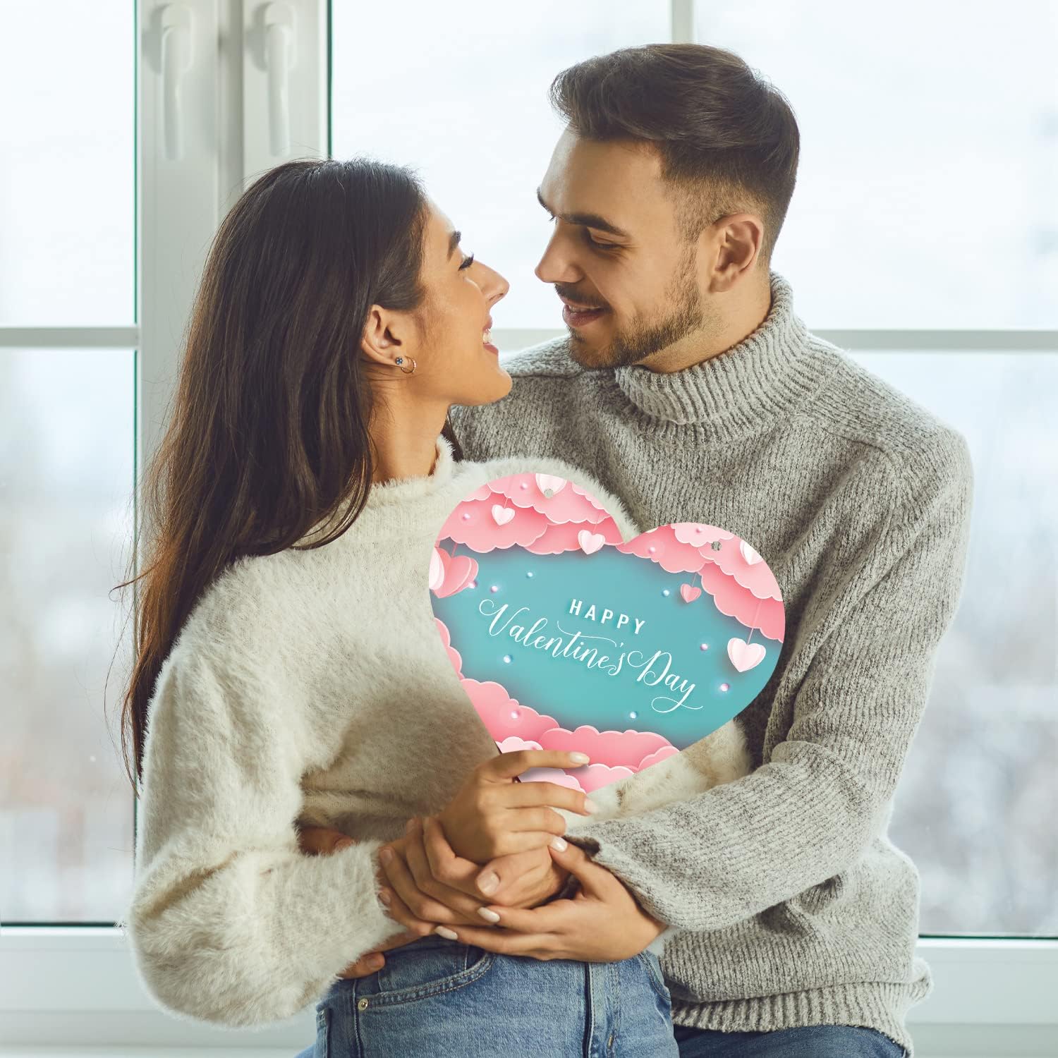 Soul Décor Valentines Day Decoration Happy Valentine's Day Pink Clouds and Hearts Background, 15 Inch Aluminum Heart Shaped Door Sign with Red Satin Ribbon