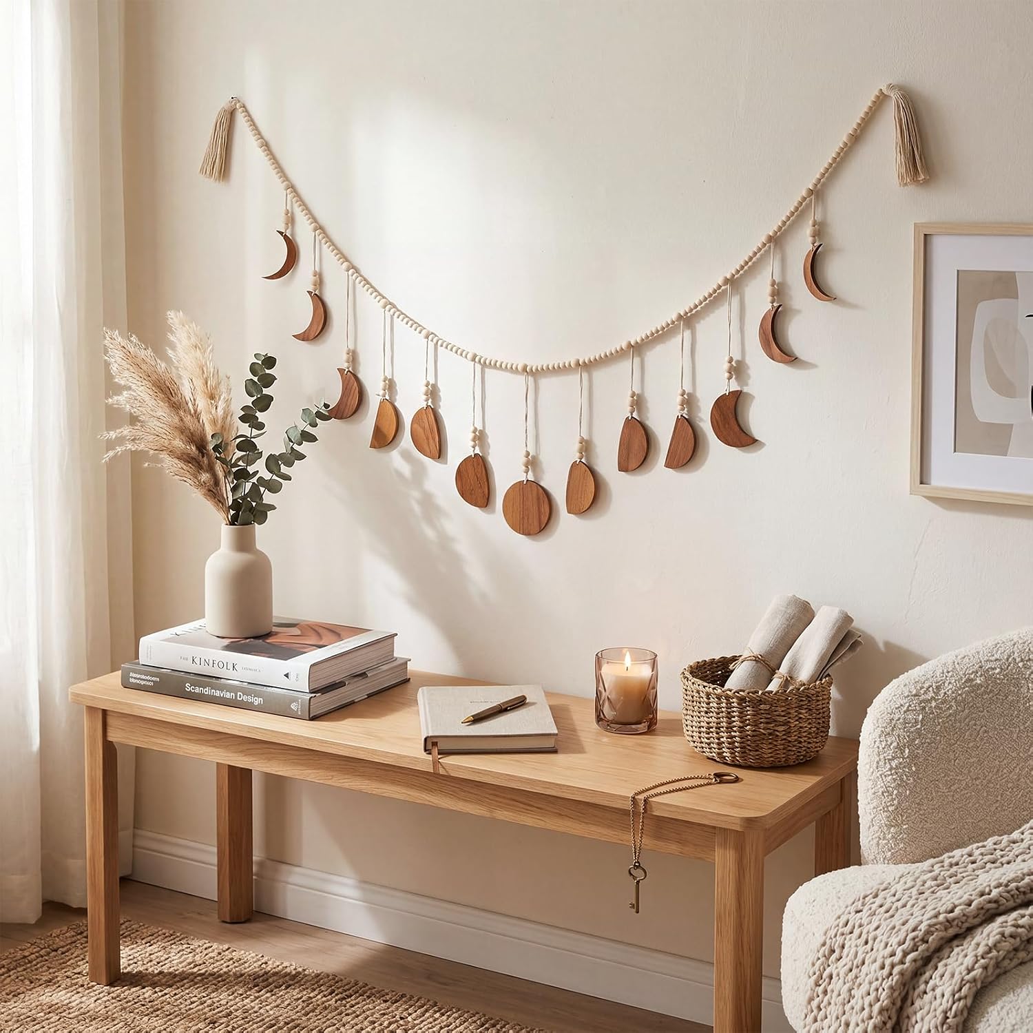 RattanView Moon Phase Wall Decoration Boho Wood Beaded Home Hanging Decor