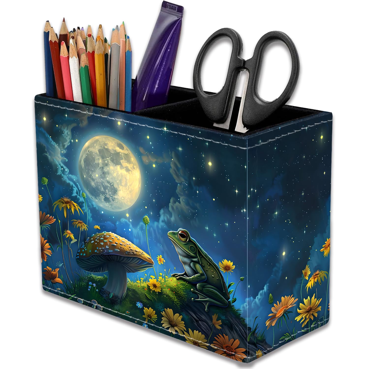 VSHSEEOM Frog Mushroom Pencil Holder for Desk, PU Leather Multifunctional Mobile Pen Holder Desktop Organizer Makeup Brush Holder for Classroom, Office and Home — image 1