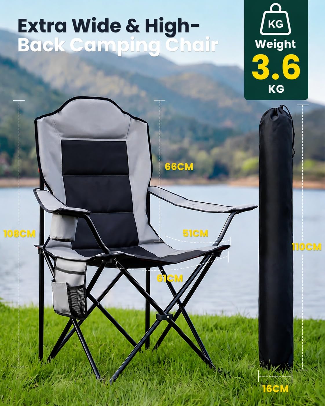 YEAUPE PRO Silla de Camping Plegable, Sillas de Pesca, hasta 150 kg, L | Respaldo Alto, con Portavasos y Bolsa de Transporte, Silla Exterior para Camping, Playa, Jardín y Pesca