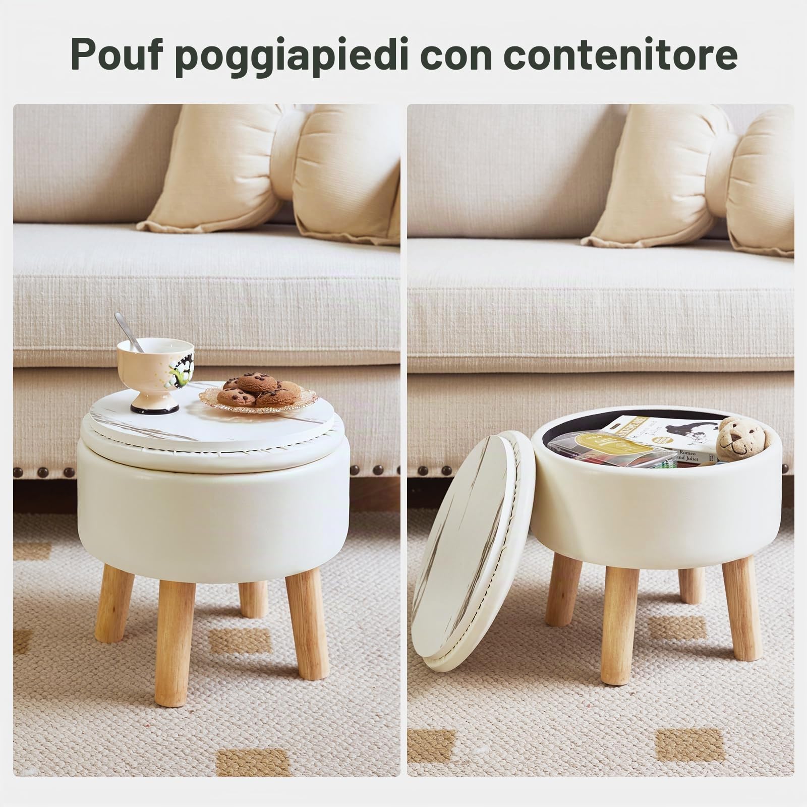 IBUYKE 13” Piccolo Poggiapiedi Ottomano con Contenitore, Pouf Poggiapiedi Rotondo con Sedile Imbottito e Coperchio, Poggiapiedi Mini in Pelle PU per Ingresso Divano Soggiorno, Beige WBD023W