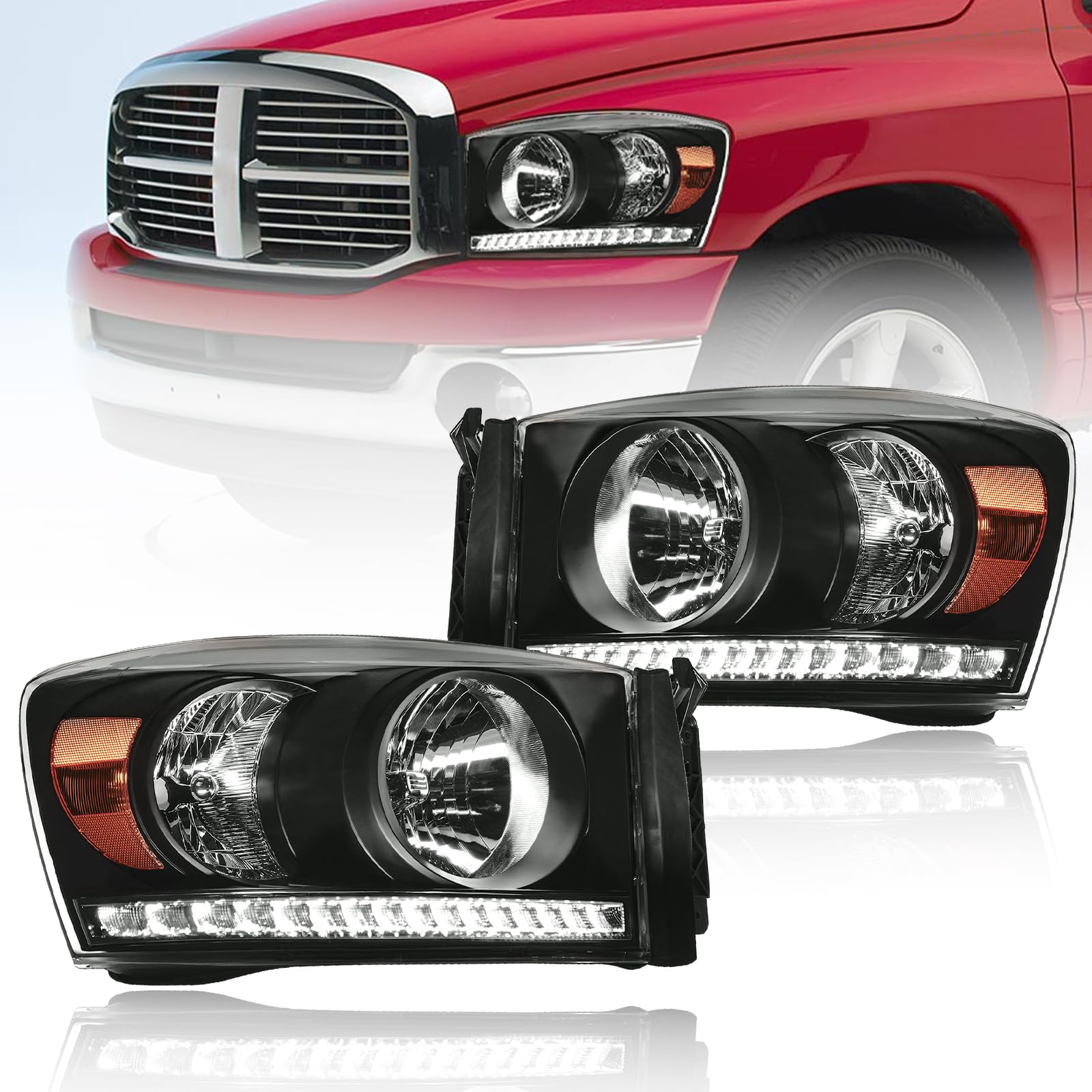 for 2006-2008 Dodge Ram 1500 2500 3500 LED DRL Headlights Assembly Compatible 2007 2009 with Halogen Headlamps Amber Reflector Black Housing