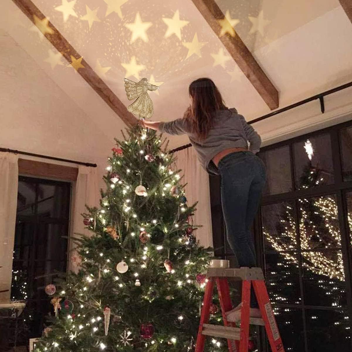 Christmas Tree Topper Lighted Projector - 10" Glitter Golden Angel 3D Rotating Star Tree Topper Night Light for Christmas Tree Decorations, Holiday Winter Home Wonderland Xmas Party Ornament