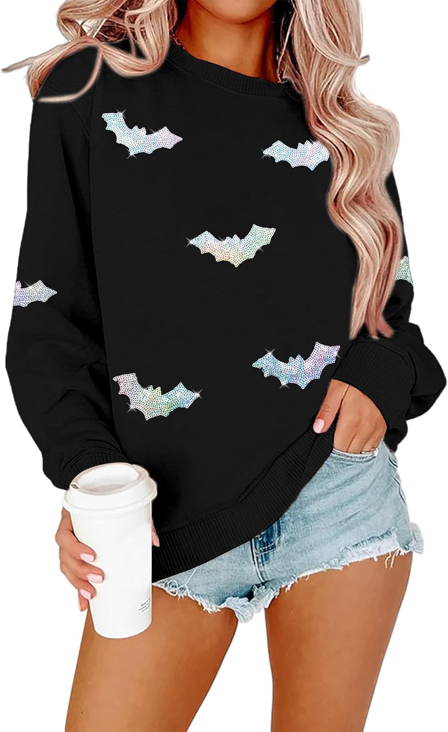 MYHALF Halloween Sweatshirts Women Colorful Sequin Ghost Graphic Pullover Shirt Halloween Witch Crewneck Sweater