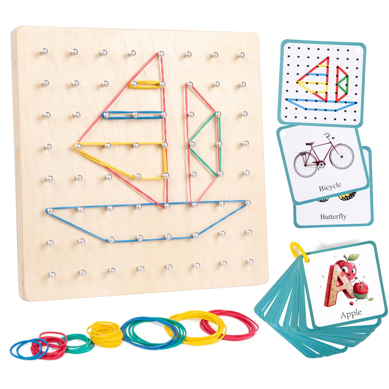 Auvewilo Wooden Geoboard with Rubber Bands, STEM Educational Toy for Spatial Reasoning and Fine Motor Skills Kids 3 Years+