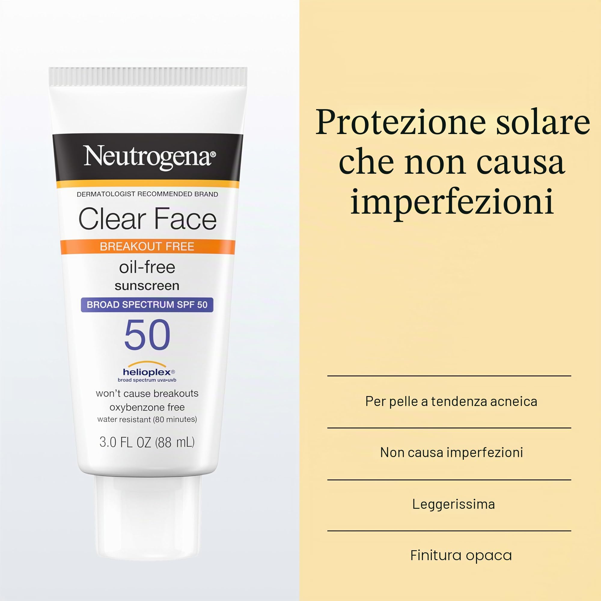 Neutrogena Clear Face Liquid Lotion - Protezione solare per pelli sensibili all'acne, ampio spettro SPF 50 UVA/UVB, protezione solare viso senza olio, profumo e ossibenzone, non comedogenica, 0,8 l