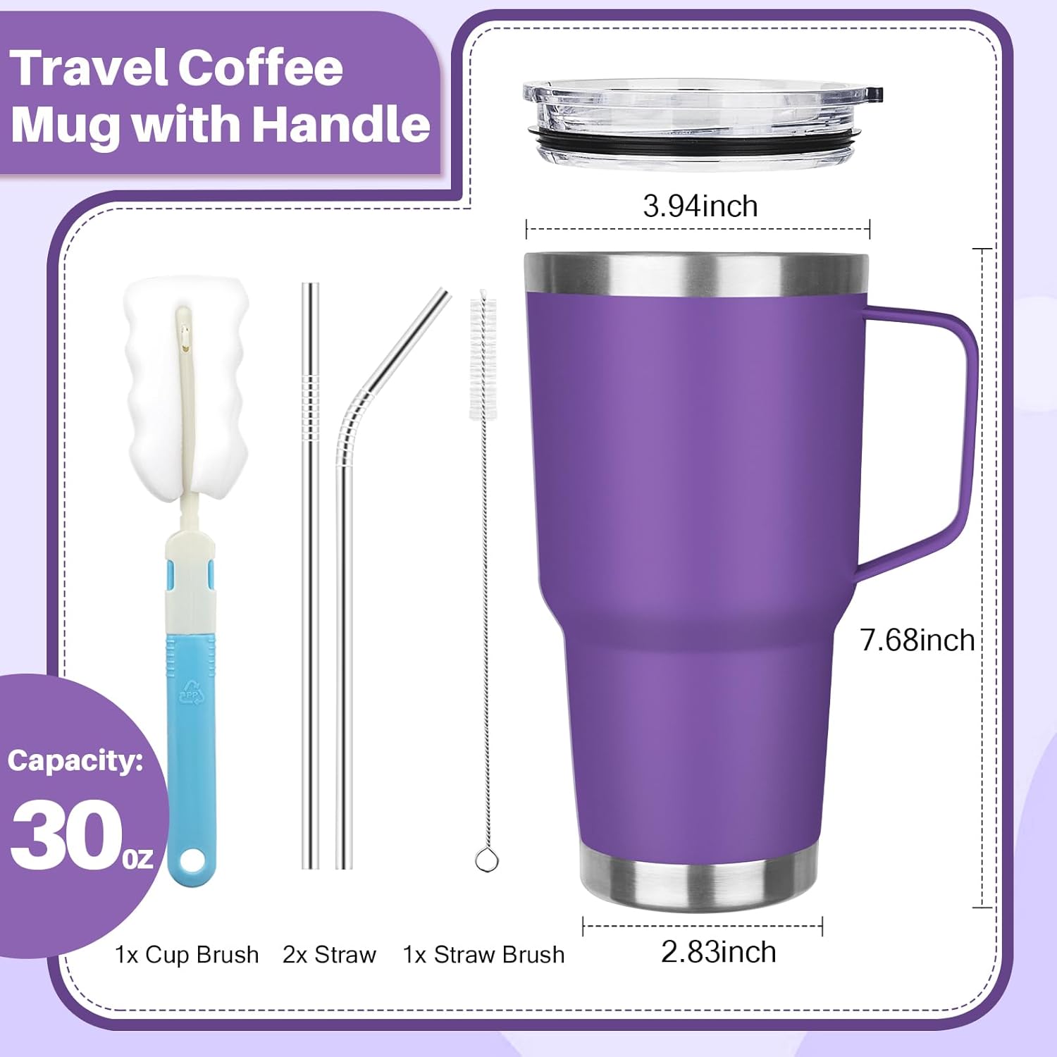 30 oz Stainless Steel Insulated Tumbler with Handle, Lid and Straw, Double Wall Vacuum Insulated Coffee Mug, Insulated Coffee Thermal Cup for Cold and Hot (Purple) - Image 2