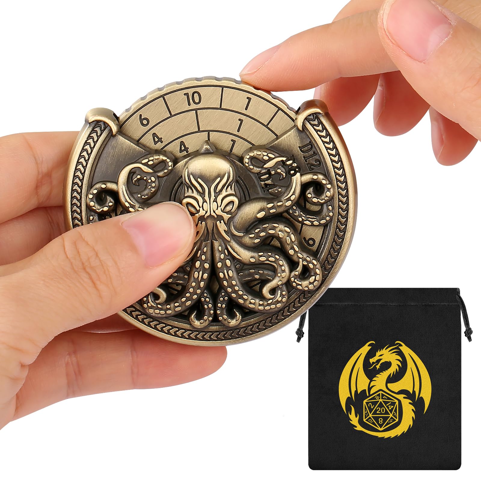 Spinner de Dés DND, Pieuvre 7-en-1 Métallique DND Dés, Gyroscope du Bout Des Doigts, Roulette Dés Spinner, Cadeaux D&D avec Sacs Cadeaux Logo Dragon, Jeu de Rôle, Accessoires de Jeu de Société, Bronze