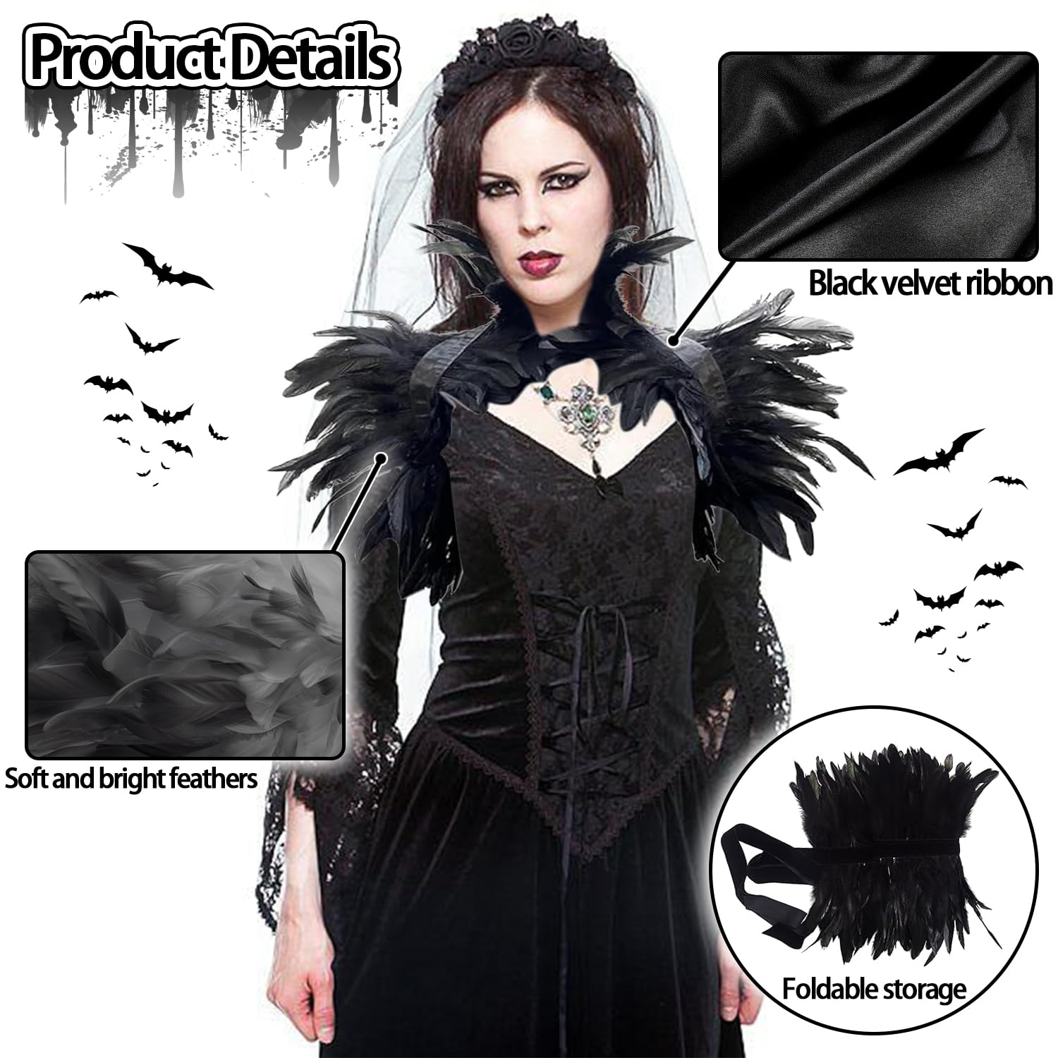 Gothic Feder Cape Schulterstola – Schwarz, Mit Verstellbaren Bändern, Für Karneval & Mottopartys