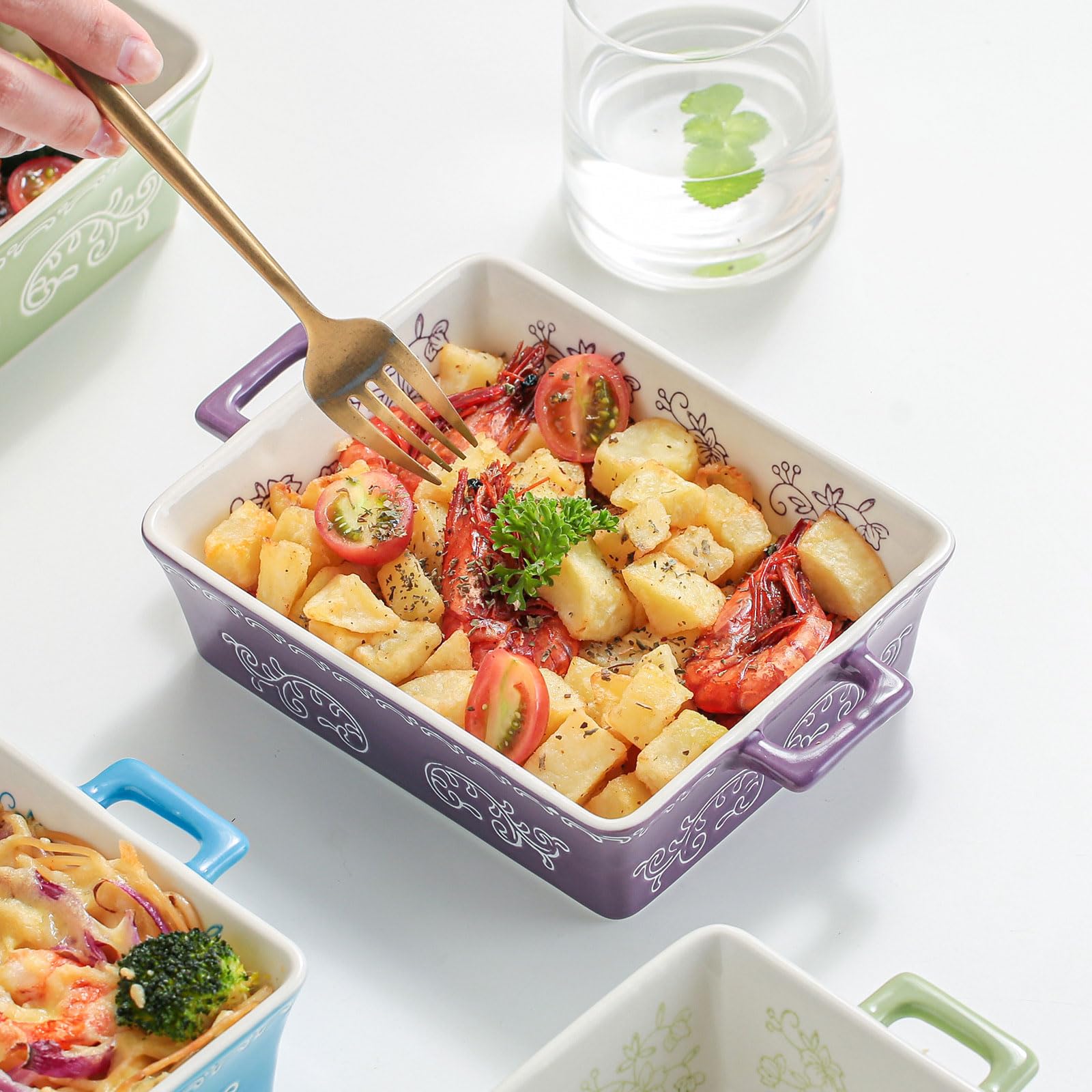 Cuencos Aperitivos Fuente De Horno Rectangular CeráMica PúRpura Con Estampado Floral Dos Asas Aptas Para Horno Lavavajillas Guisos Regalo-A