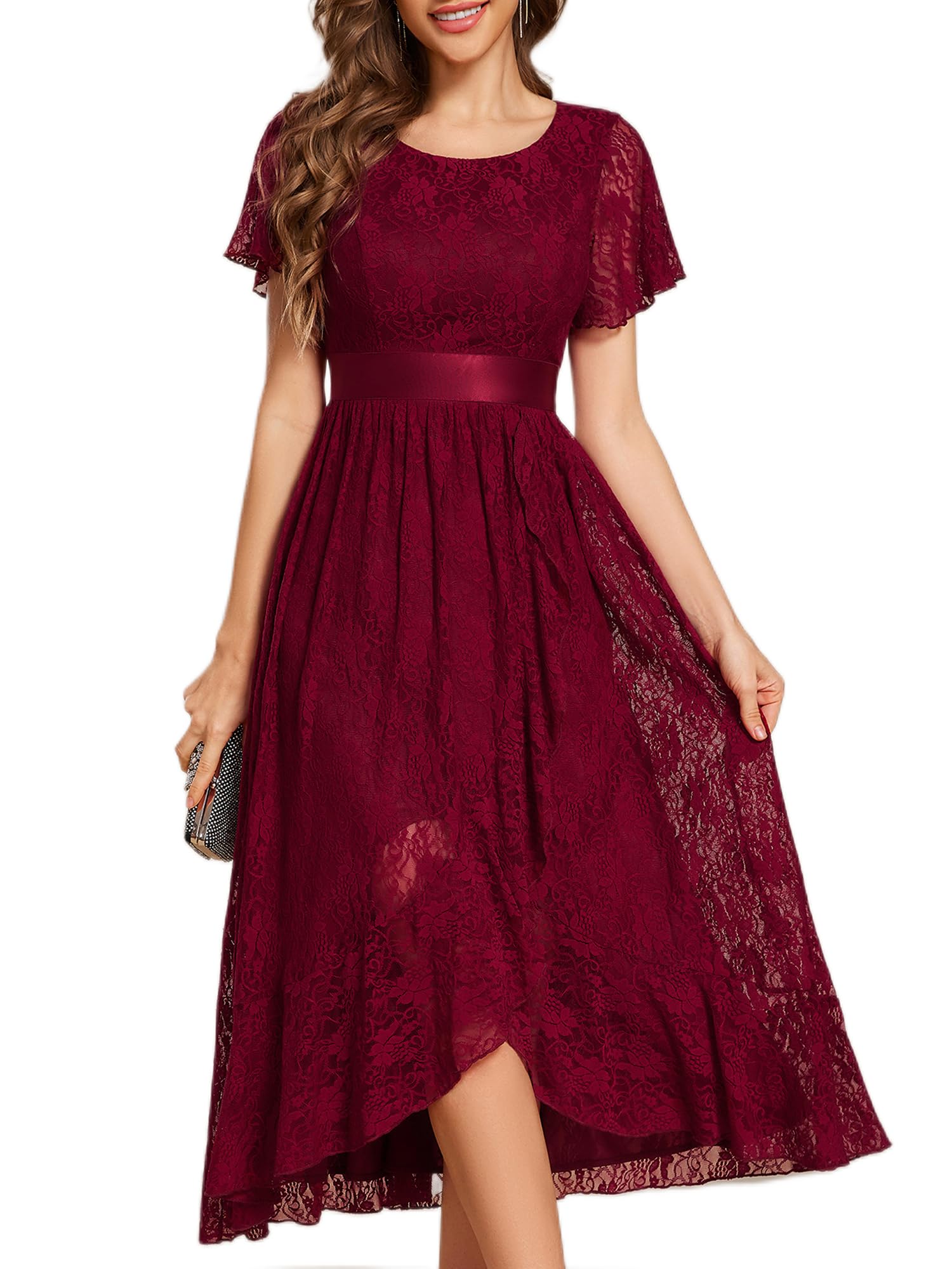 Ever-Pretty Abendkleider Damen Lang Rundhalsausschnitt Brautjungfernkleid Midi Ballkleider Chiffon V-Ausschnitt Cocktailkleid Kurze Ärmel EE03489