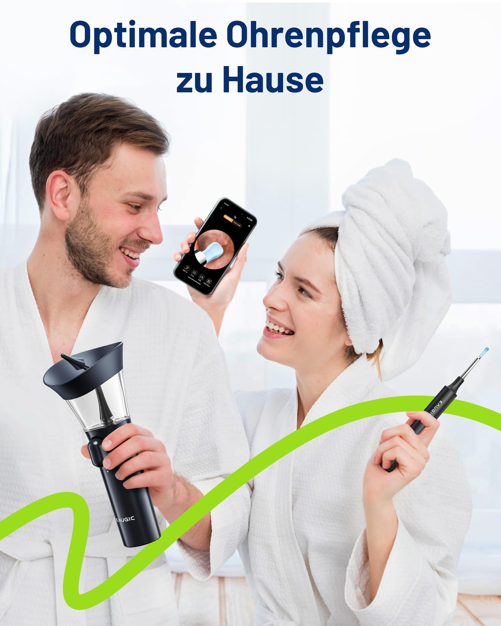 KAUGIC 2 in 1 Ohrpflege Set – HD Ohrkamera (1080P, 6 LEDs) Manuelles Ohrspülgerät mit Doppeltank Für Erwachsene Blau