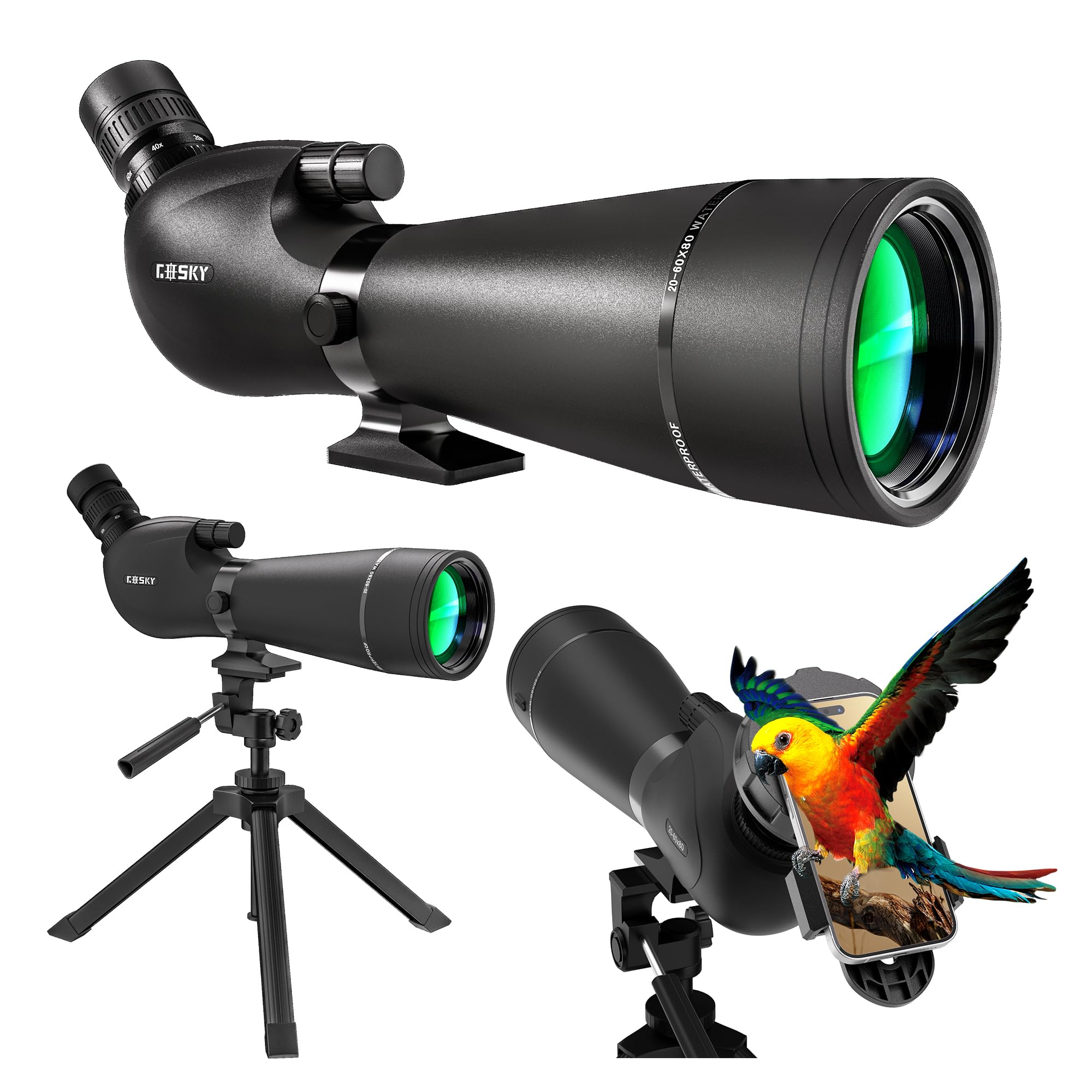 Gosky HD Spotting Scope 20-60x80mm with Tripod and Smartphone Adapter, BAK 4 Prism Spotter Scopes for Bird Watching Target Shooting Hunting Wildlife Scenery Moon Watching Hiking