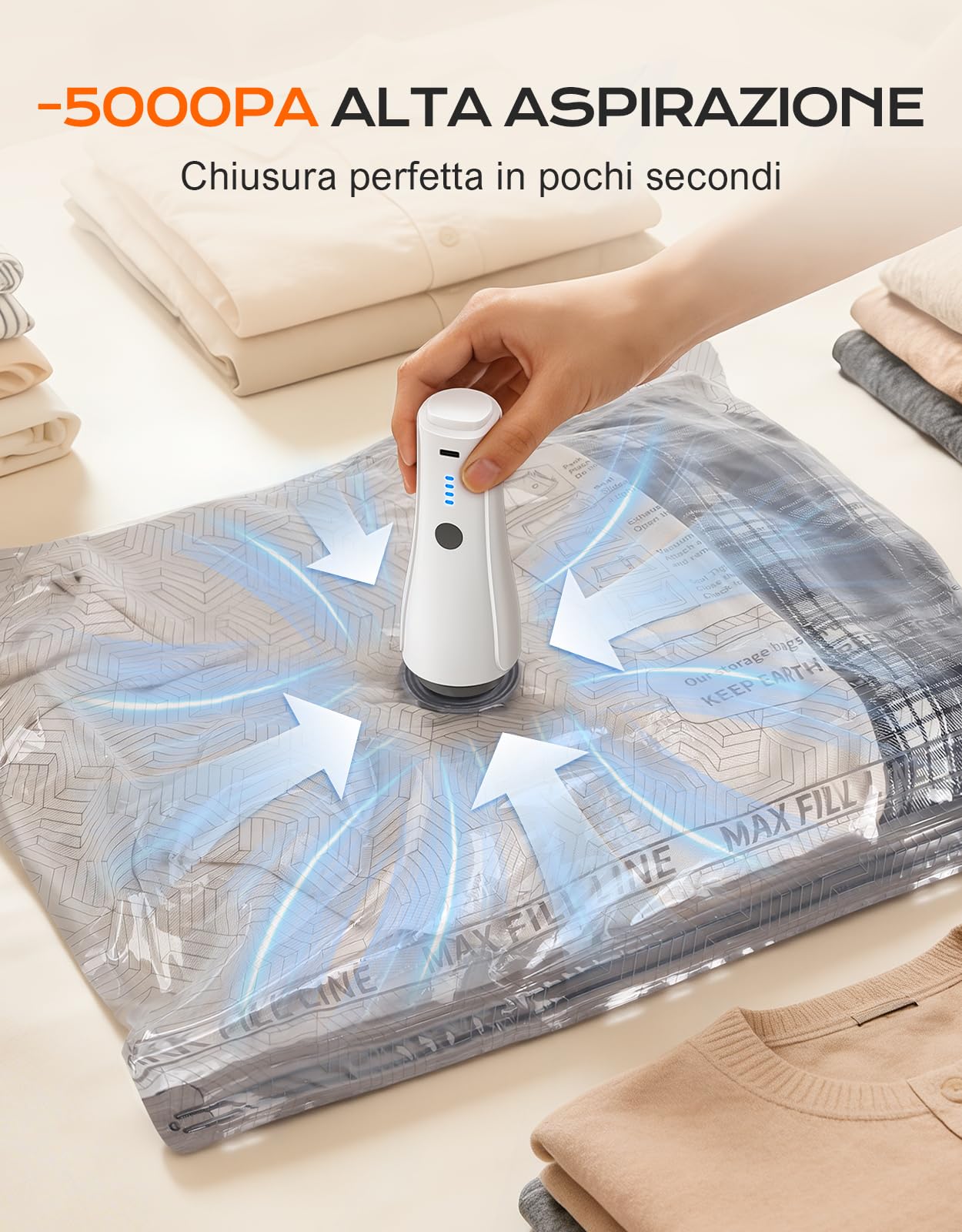 CIRYCASE 15PCS Sacchetti Sottovuoto Vestiti con Pompa Elettrica -5000PA | 2000mAh Portatile Buste Sottovuoto Compressione, Riutilizzabile Salvaspazio, Organizer per Bagagli/Deposito Domestico/Viaggi