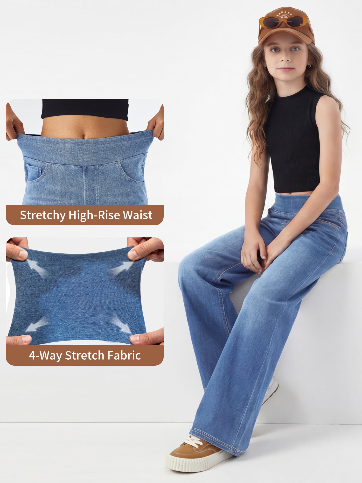 LaiEr Mädchen Jeans,Weite Bein Denim hochtaillierte lockere Passform,dehnbarer weicher Denim-Stoff,mit Mehreren Taschen,lässige gerade Weite Form,Y2K-Style,Skate-Style,für Alter 5–14 Jahre