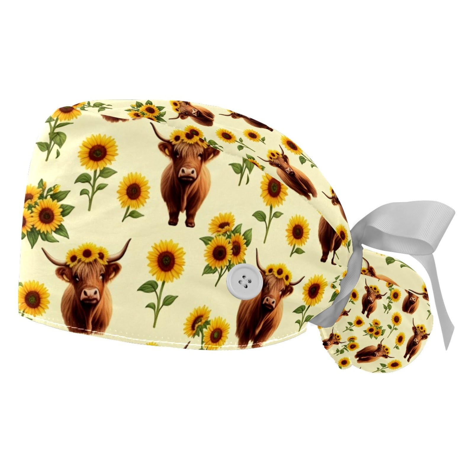 2 PCS Bouffant Cap with Button Ponytail Pouch Working Cap Sweatband Adjustable Surgical Cap Black and White Cow