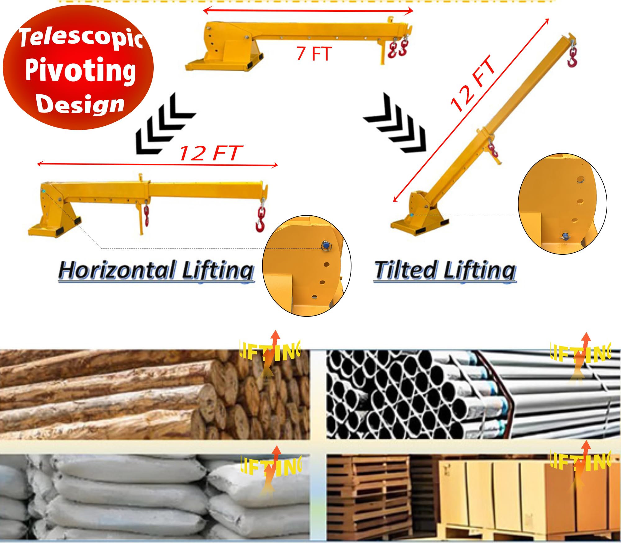 IntXanth Telescopic Pivoting Fork Lift Boom, 0-75°Tittling Angle, 4400 lbs Lifting Capacity, Forklift Boom Extension to 12', 2 Hooks, Boom Attachment for Forklift Lifting Hoist