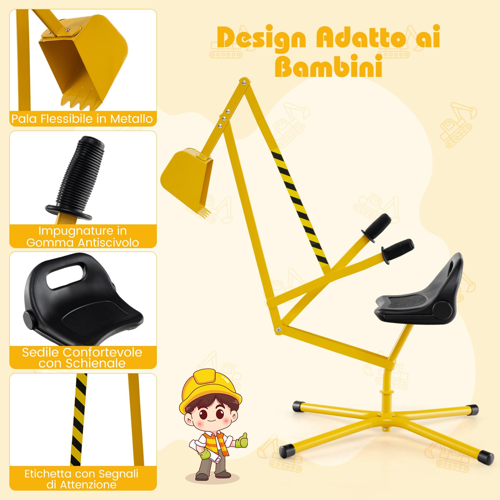 RELAX4LIFE Ruspa Escavatore Cavalcabile per Sabbiera con Sedile Girevole a 360°, Pala Flessibile, Schienale Ergonomico, 3 Anni+