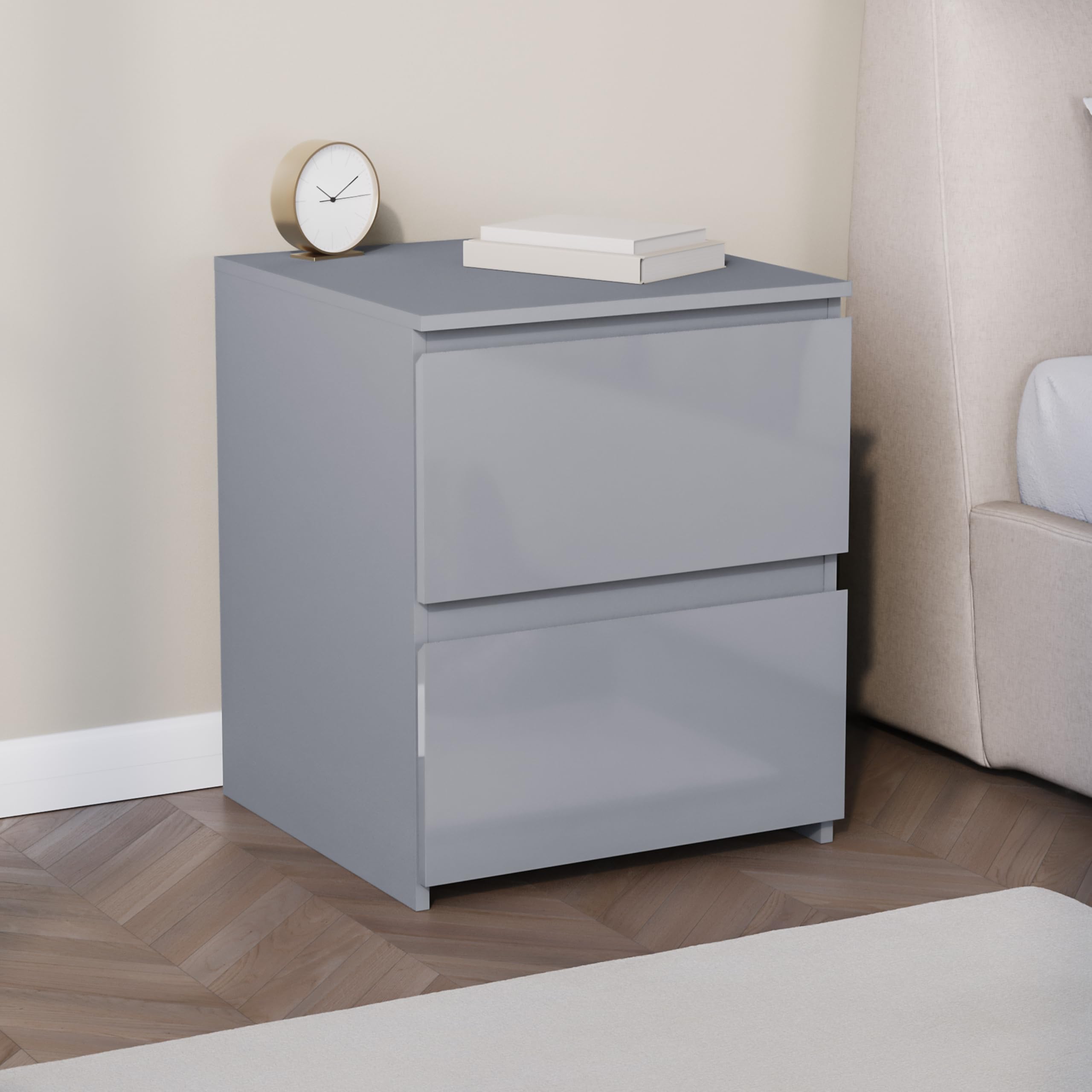 Vida Designs Glinton Stylish High Gloss Side Table with 2 Drawer - Nightstands Bedroom Furniture 100% FSC Certified (Grey)