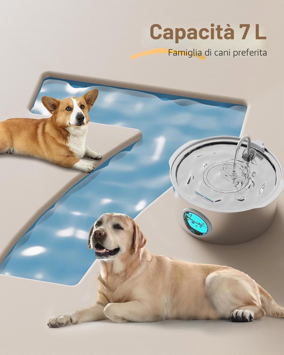 Fontanella per Gatti Acciaio Inox: 7L/236 oz Fontanella per Cani - GROOKPET Fontana Super Silenziosa – Luce LED – Adatta a Cani di Grossa Taglia, Gatti e Famiglie con più Animali Domestici