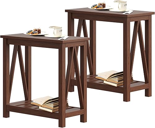 ChooChoo Juego de 2 mesas auxiliares rústicas vintage con estante de almacenamiento para espacios pequeños, mesita de noche para sala de estar,