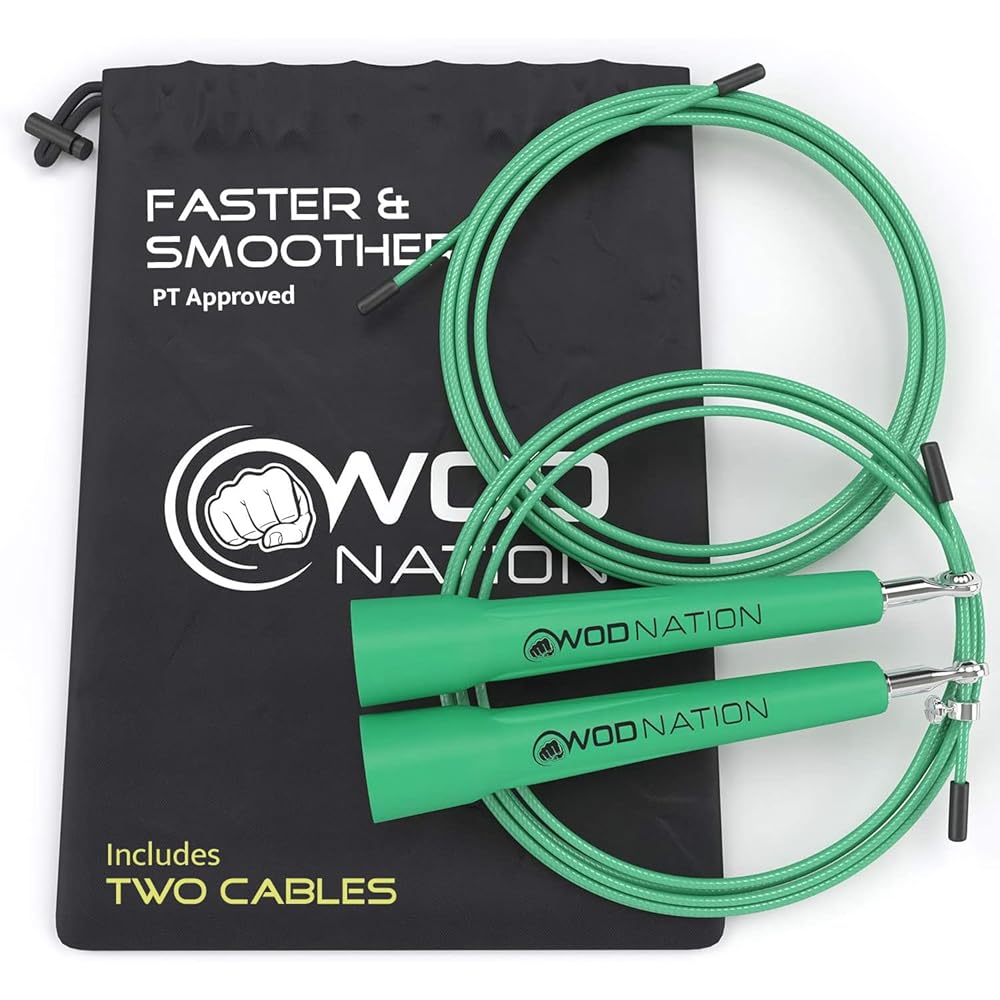 WOD Nation Adjustable Speed Jump Rope - Custom Length for Home Gym Equipment - Speed Rope for Double Unders & Cardio Exercise - Versatile for Boxing, MMA & Home Gym Accessories - Green Steel