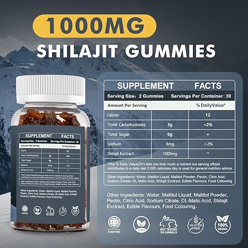 Miniatura 2 de Gomitas Shilajit de 1000 mg, suplemento de Shilajit del Himalaya, alto en minerales traza, apoyo energético para la salud inmunológica, 60 unidades