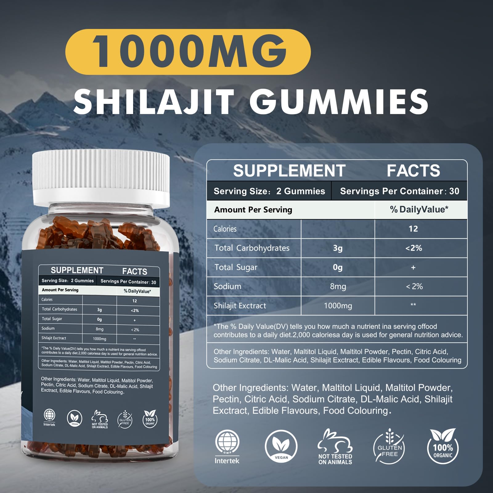 Gummies Biologiques SHILAJIT De L'Himalaya 1000mg - Soutien Immunitaire Et Cérébral, Végan