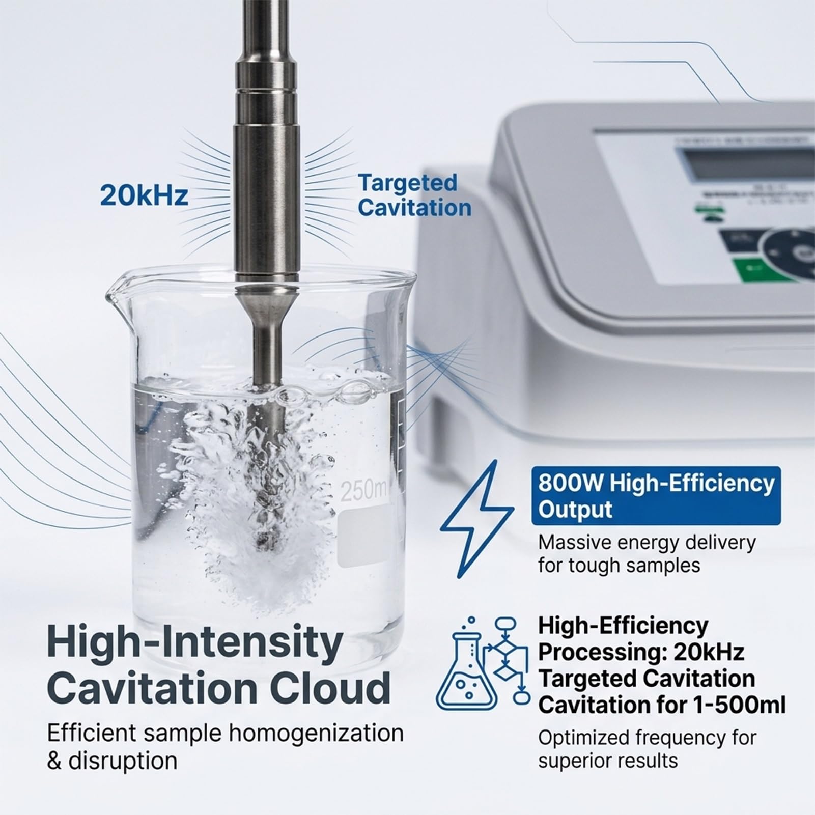 Ultraschall Homogenisierungssystem 800W 20kHz Laborprozessor mit Titanlegierung TC4 Sonde 1-500ml Forschungsgerät für Molekulare Dispersion und Zellunterbrechung