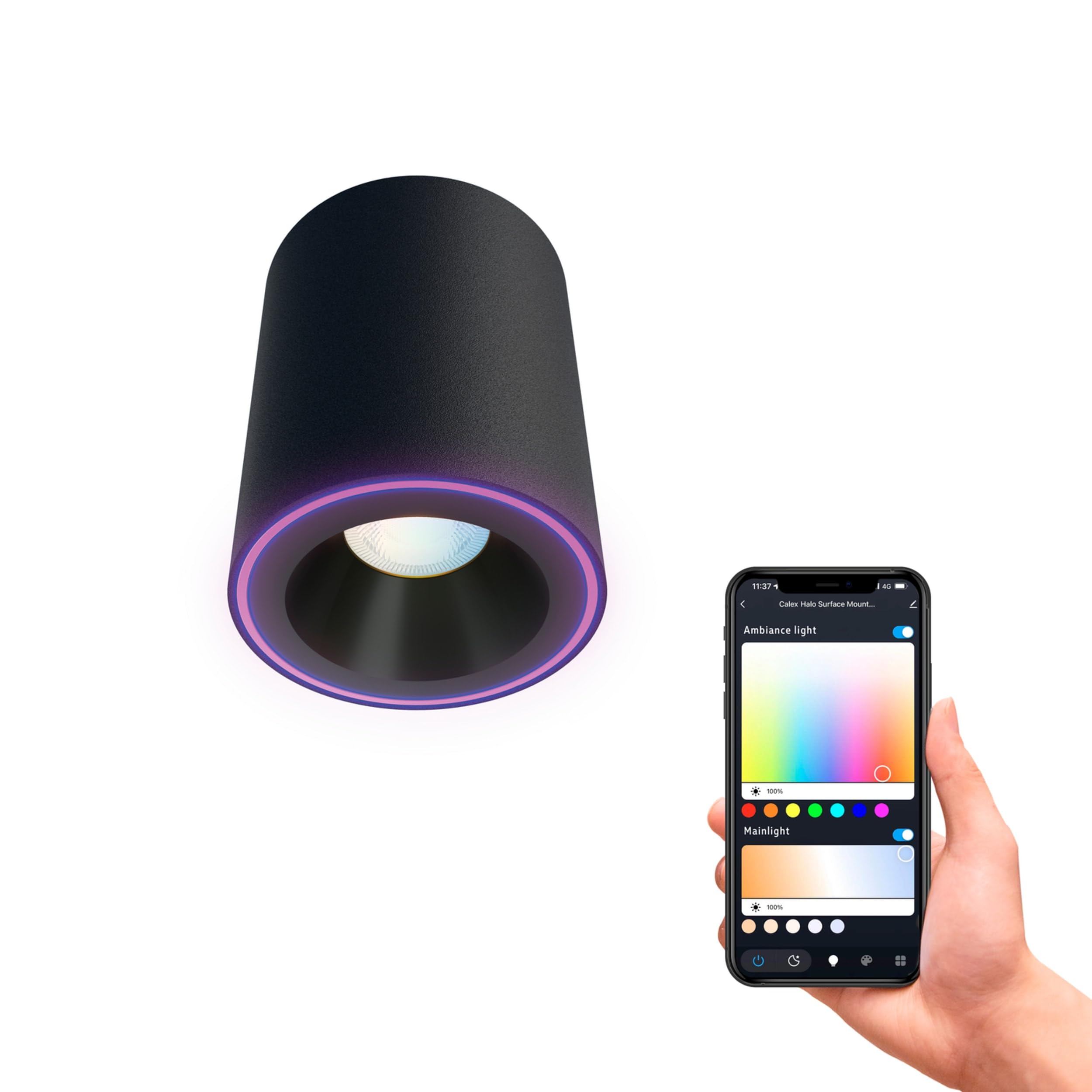 CALEX - Smart LED Surface Mounted Spot Black, WiFi Ceiling Light, CCT 2700-6500K + RGB, App and Works with Amazon Alexa and Google Home, Dimmable, 6.5W