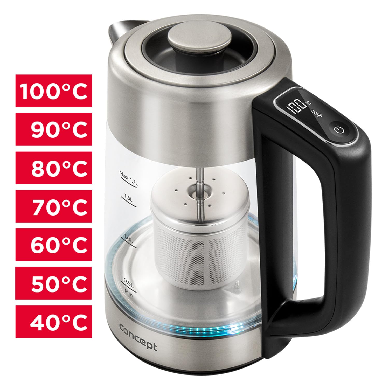 Concept RK4190 Hervidor eléctrico de vidrio con control de temperatura y filtro cafetera/té, Capacidad 1.7L