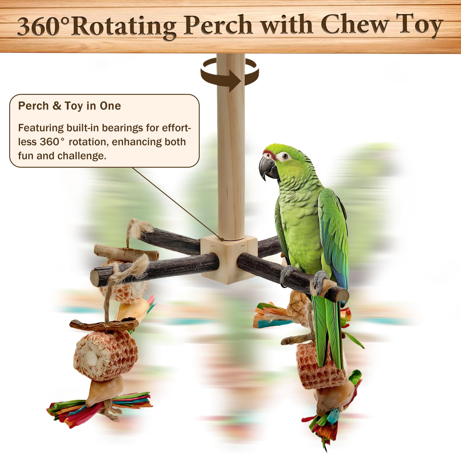 Mounting UP 2-Pack 360° Rotating Parrot Perch Toy with Chew Toy, Natural Wooden Perch Stand - Image 3