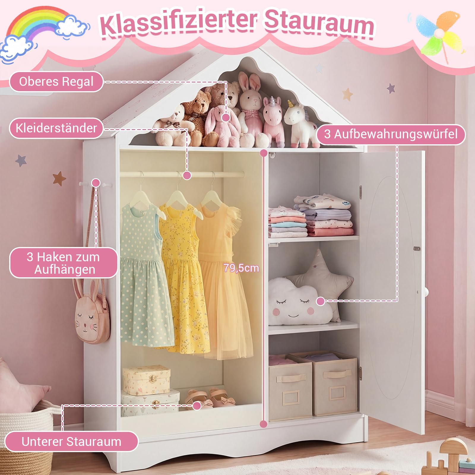 COSTWAY Kinder Kleiderschrank in Hausform, Kindergarderobe mit Spiegel, Kleiderstange, Regalen & Haken, Kinder Kleiderschrank für Kinderzimmer, Kleiderständer für Mädchen ab 3 Jahren (Weiß)