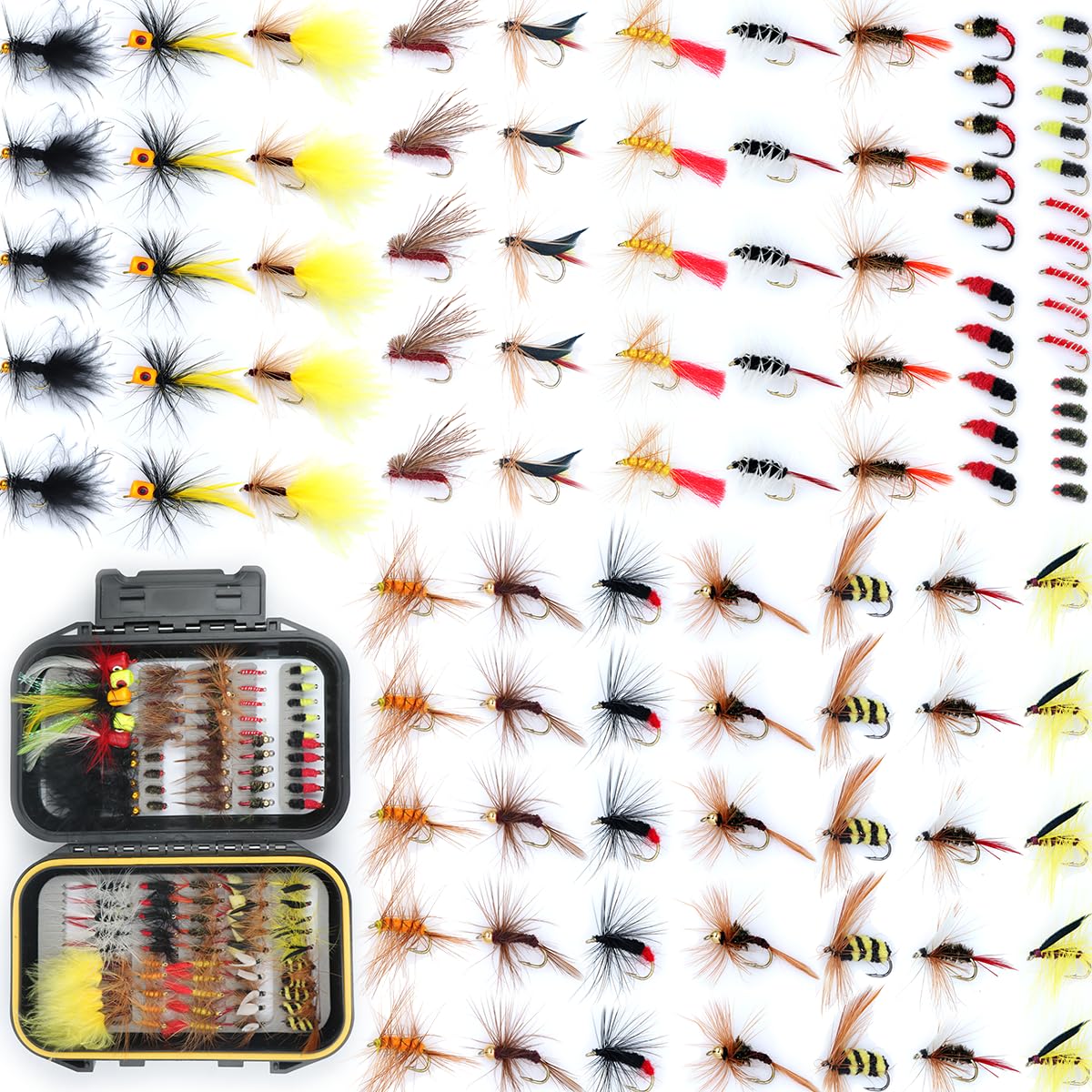 𝗘𝗫𝗔𝗨𝗥𝗔𝗙𝗘𝗟𝗜𝗦 Fishing Gear Fishing Lure 64/100/120PCS Flying Flies kit Dry Wet Flies Tackle Box Fly FishingLures for Bass Salmon Trout