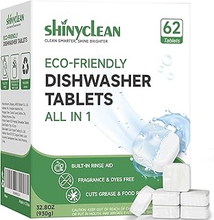 Shinyclean Dishwasher Detergent Tablets with Built-in Rinse Aid | All-in-1 Plant-Based Pods | Fragrance & Dye Free | Natural & Phosphate-Free | Biodegradable & No Unwrapping Needed | 62 Count