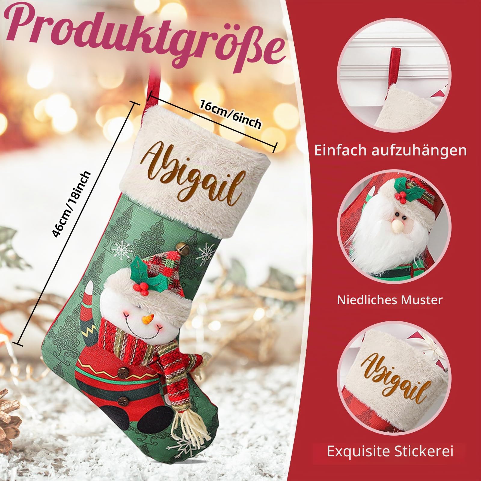 Nikolausstrumpf Personalisiert mit Namen Kinder, 46 cm Große Weihnachtsstrumpf zum Aufhängen & Befüllen, 4er Set Familie Weihnachtssocken Kamin Personalisierter Nikolausstiefel Weihnachtsdeko