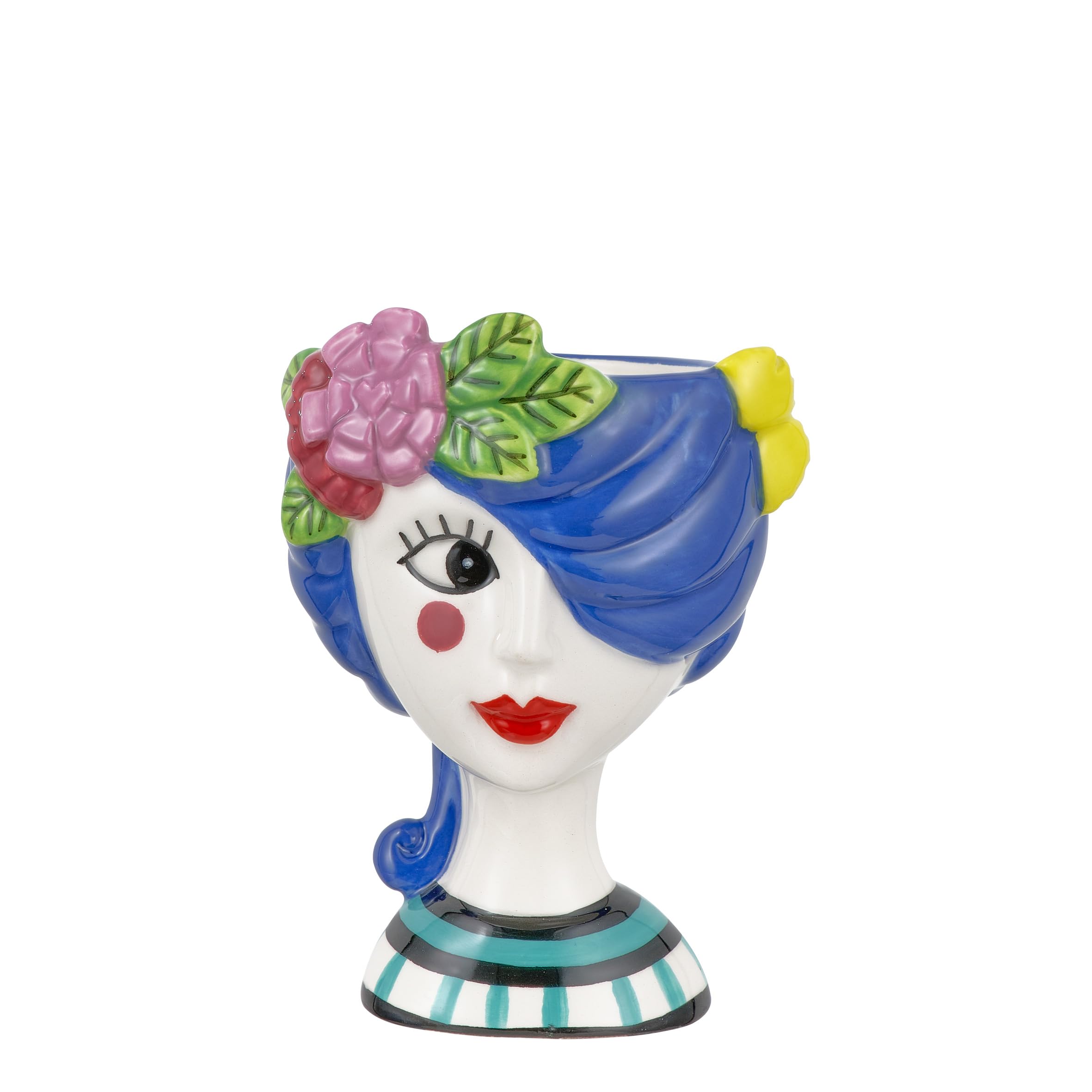 Baroni Home Jarrón de Cerámica con Cara, Pintado a Mano, Adorno Moderno, Jarrón para Plantas de Interior o Exterior, Jarrón Decorativo, 8x7x12 cm (Iris, Pequeña)