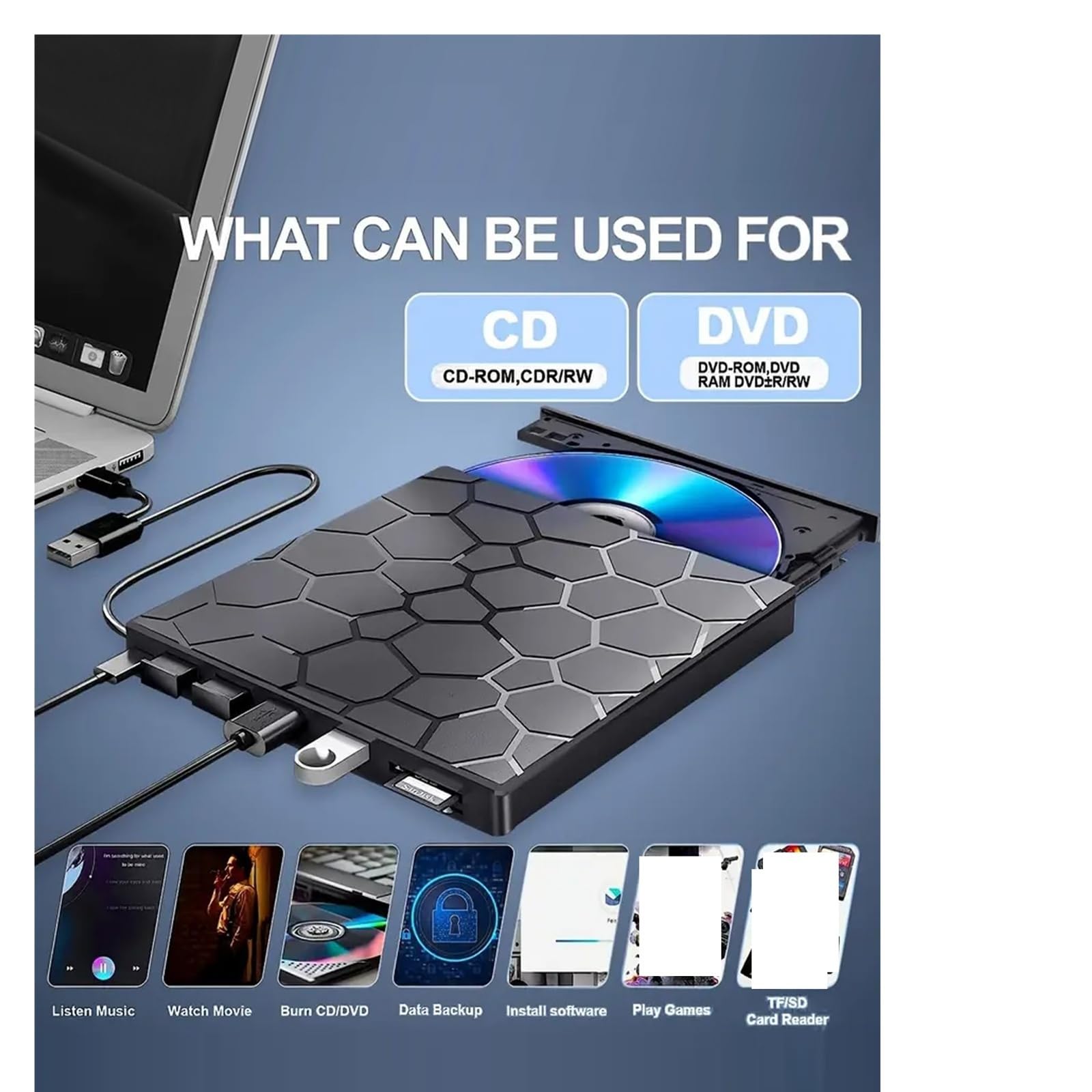 Zewnętrzny napęd CD/DVD do laptopa, 8 w 1 USB 3.0, ultracienki przenośny, odtwarzacz i nagrywarka CD/VCD/DVD