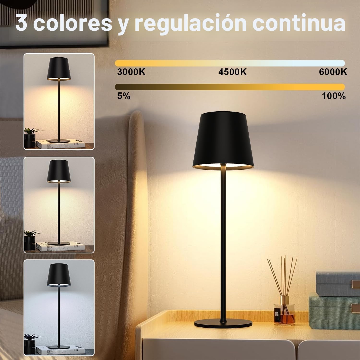 Lámpara de Mesa de Batería LED Regulable, Toque Lámpara de Escritorio Inalámbrica con USB-C, Lámpara de Mesa de Batería Recargable LED Metálico para Exteriores e Interiores, IP44, 5600mah, 5W, Negro