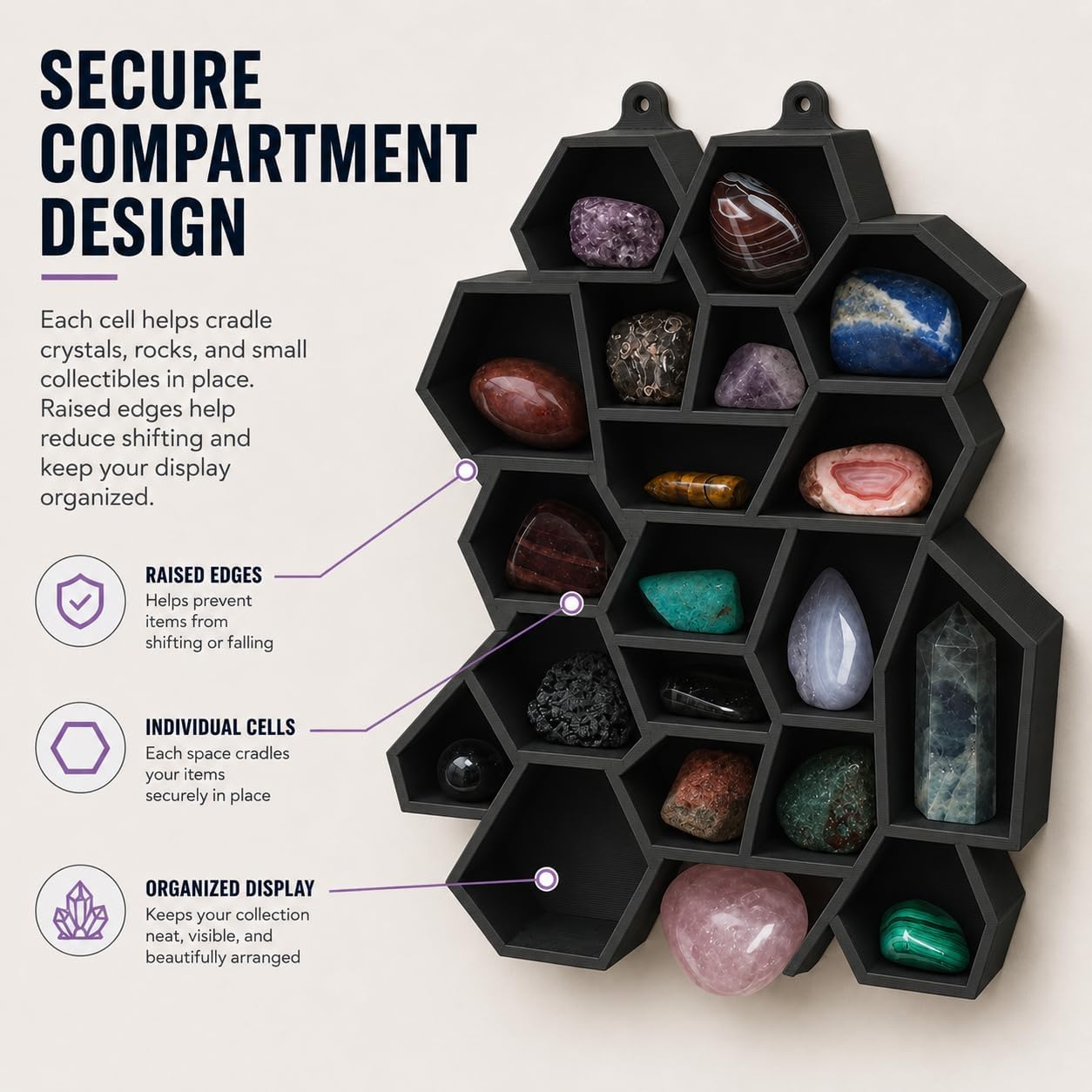 Wall Crystal Organizer – Decorative Stone Display Shelf with Individual Compartments | Freestanding or Wall Mounted Mineral Rock Holder | Multi-Slot Gem Collection