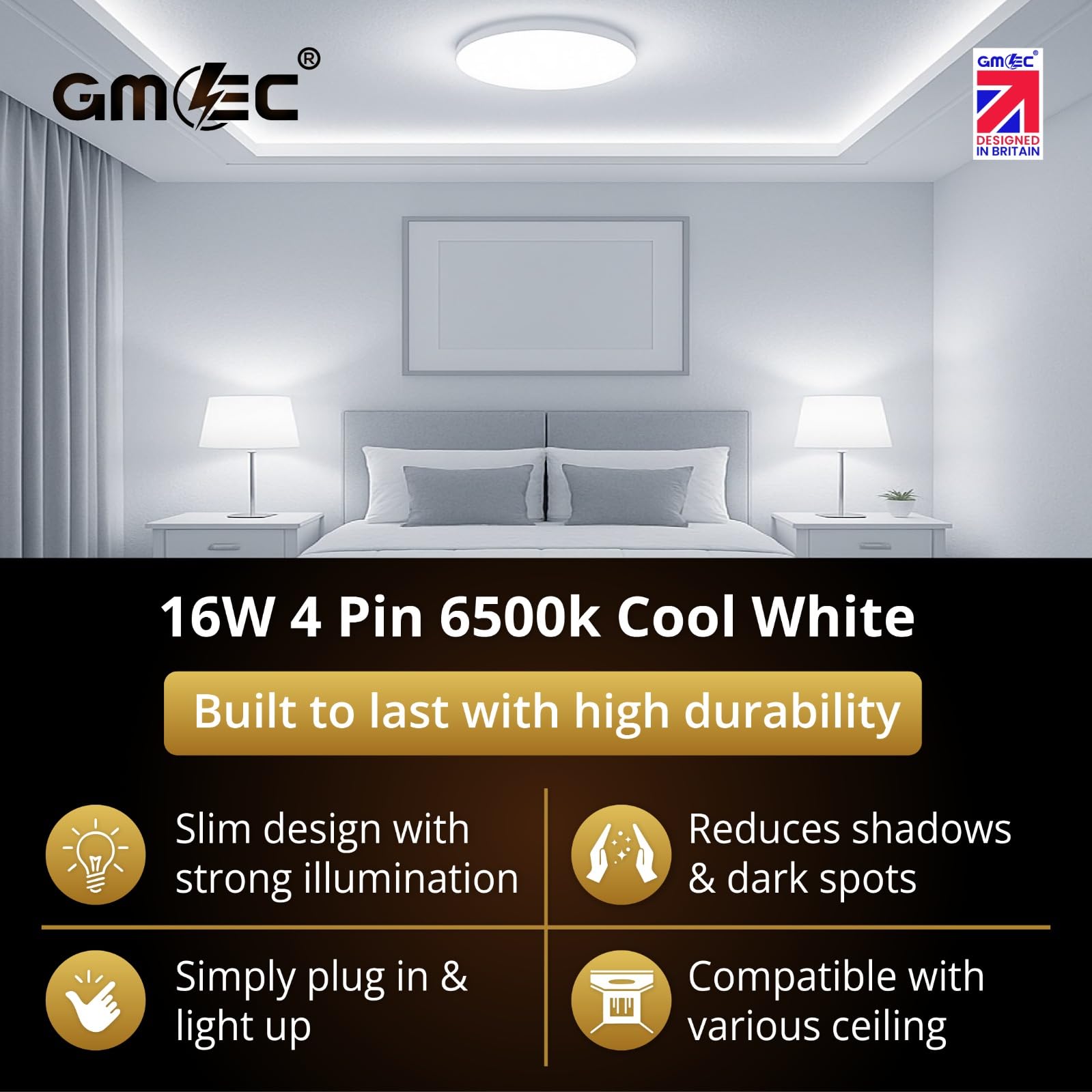 GMEC GR10q 16W 4 Pin Fluorescent Bathroom Light Bulb Also for Bedroom Kitchen, Living Room, 6500K Day Light Cool White - Image 2