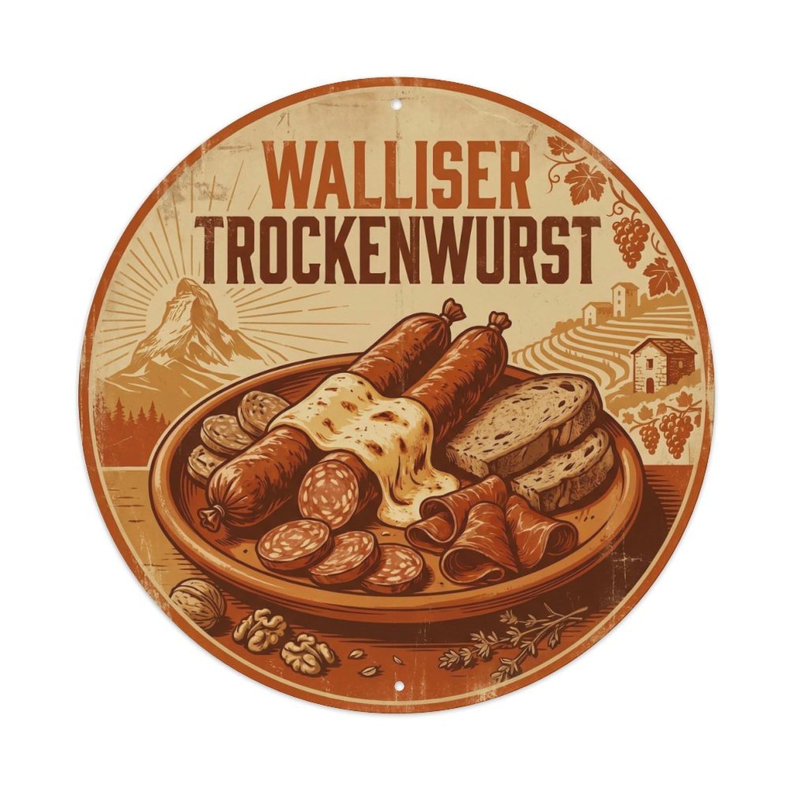 Swiss Travel Walliser Trockenwurst Raclette Cheese Metal Tin Sign