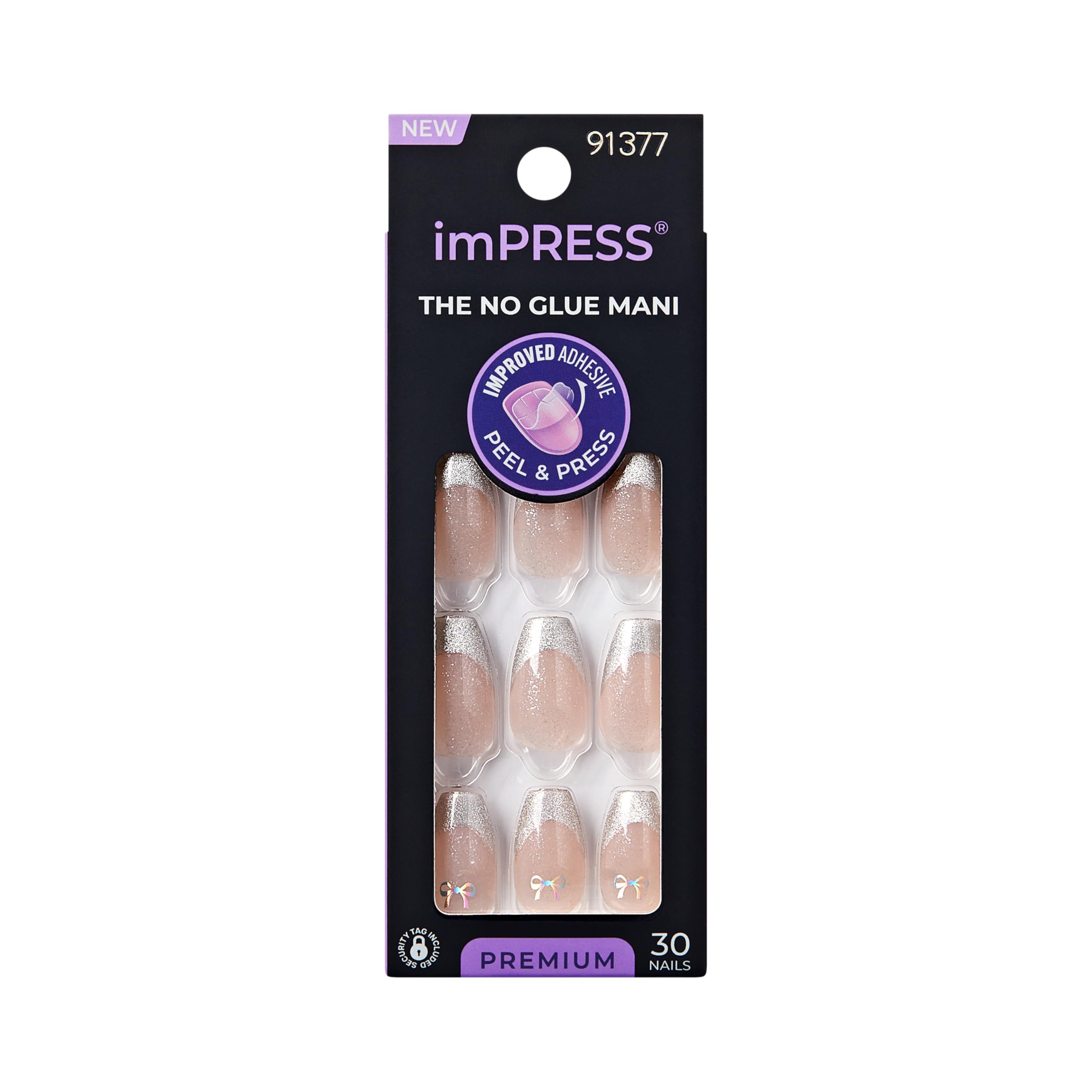 Kiss Impress No Glue Mani Press On Nails, Premium, 'Memory Lane', Silver, Medium Size, Coffin Shape, Includes 30 Nails, Prep Pad, Instructions Sheet, 1 Manicure Stick, 1 Mini File