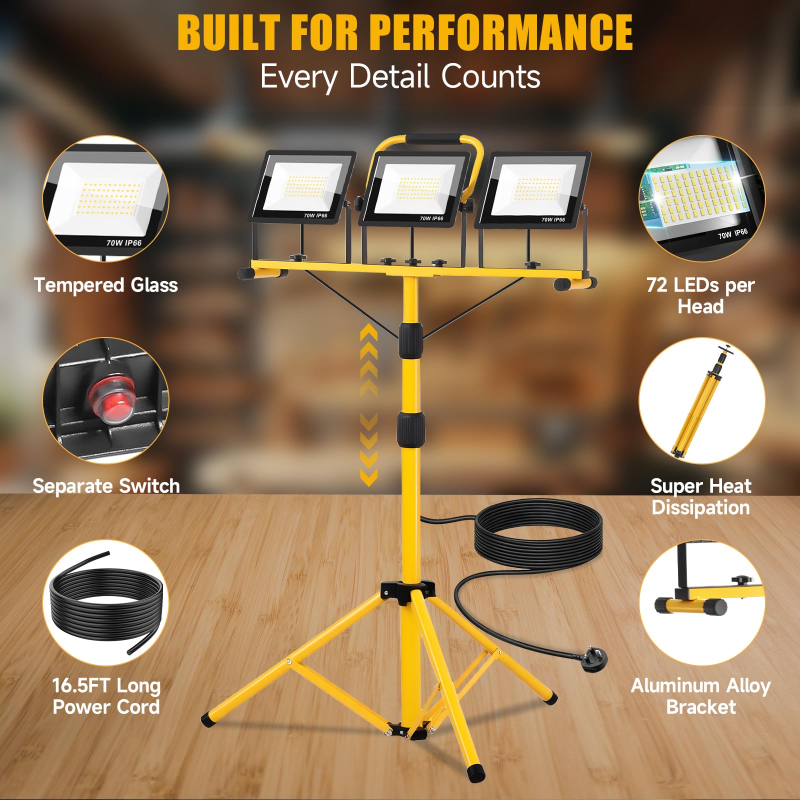 210W Foco led Trabajo con Trípode, 21000LM 6500K Lámpara de Trabajo con Cable de 5m Interruptor Individual, IP66 Lámpara Impermeable para Obras/Talleres/Garajes Altura Ajustable 200cm