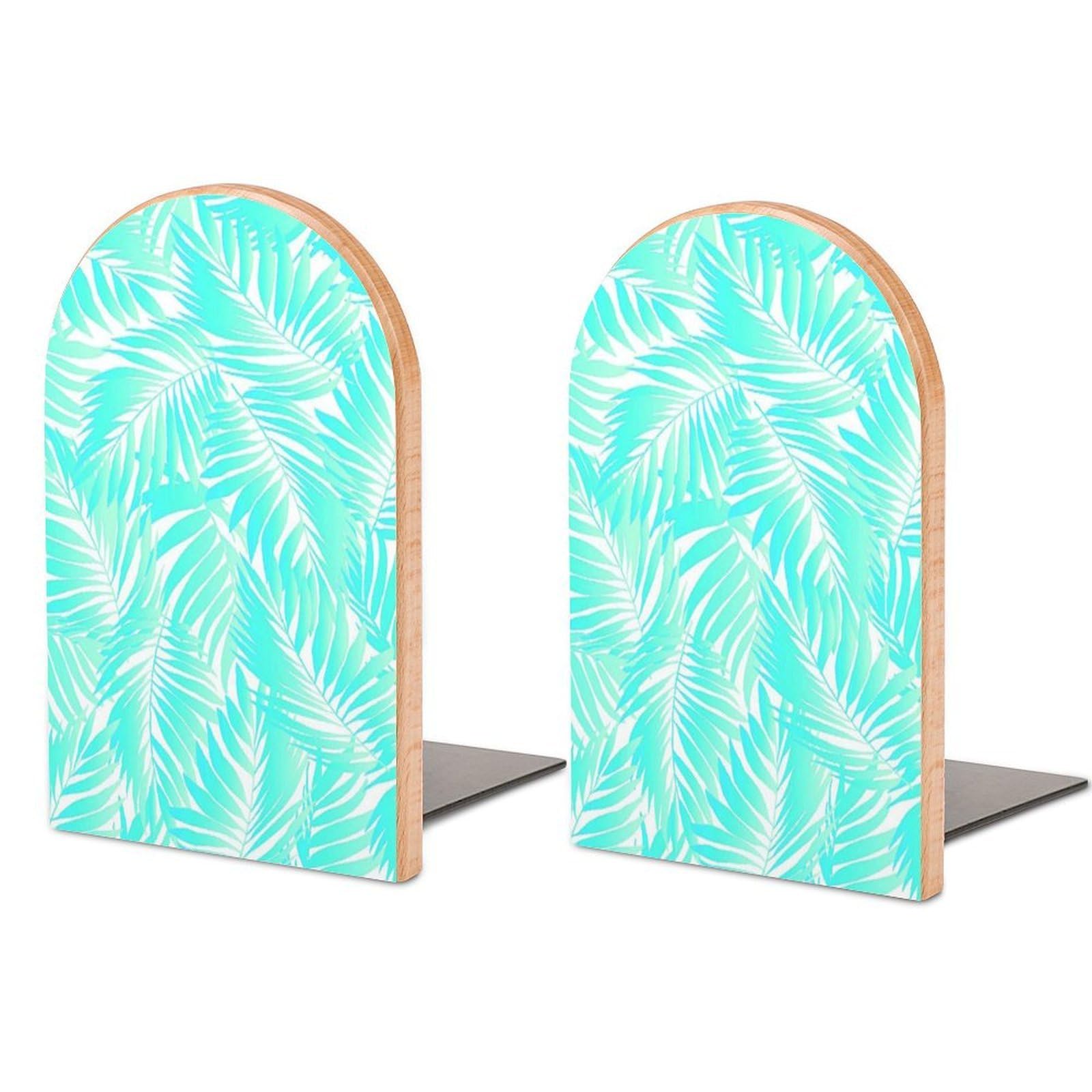 Miami Style Tropical Aquatic Palm Leaves with Exotic Colors Summer Beach Beech Wood Bookends Heavy Duty Book Organizers Desktop File Holder for Office Home Bookshelf
