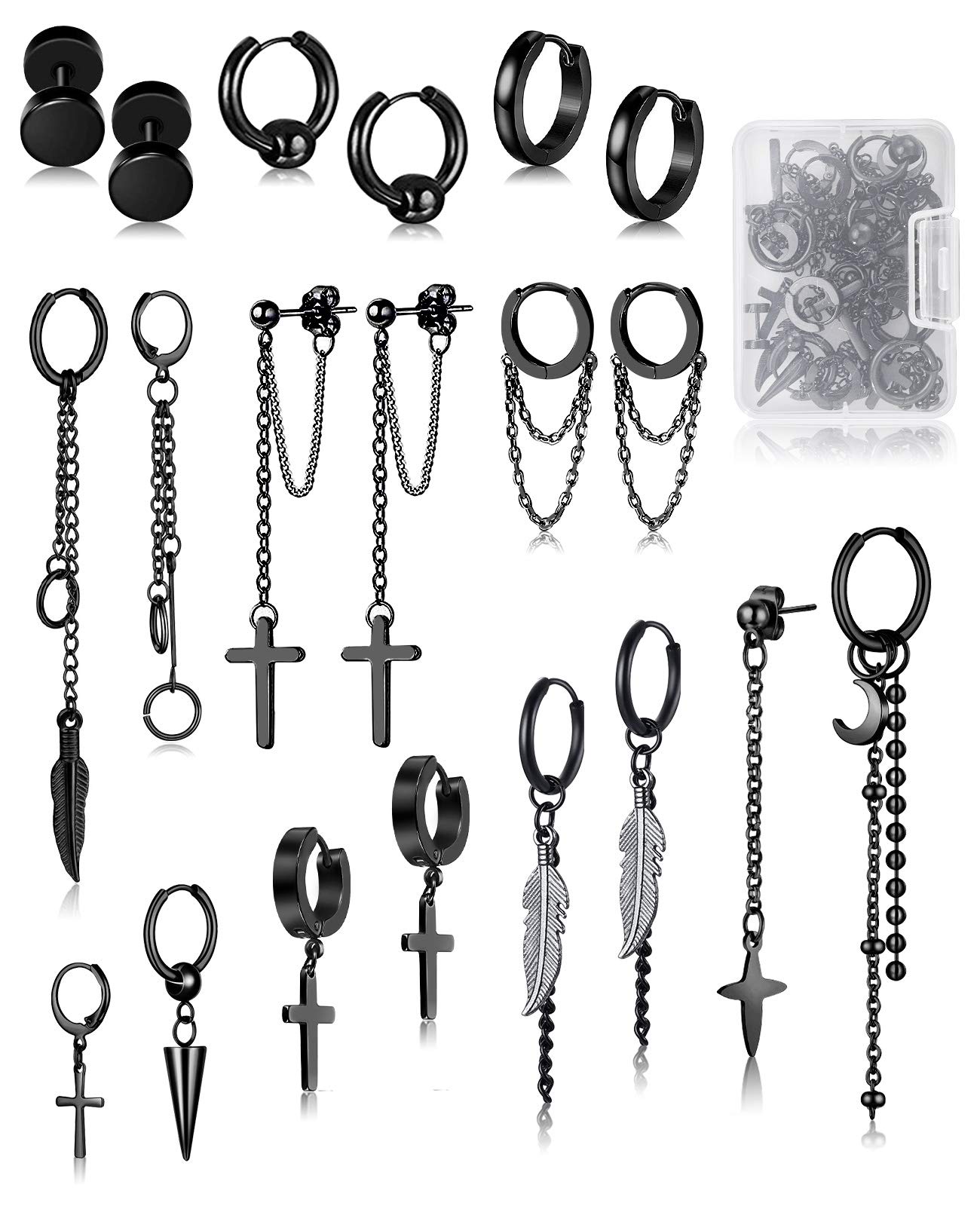 FIFATA20 Pieces Men Earrings Set - Black Stainless Steel Chain Hoop Earrings Cross Moon and Star Dangle Earrings Piercing Jewelry for Men Women