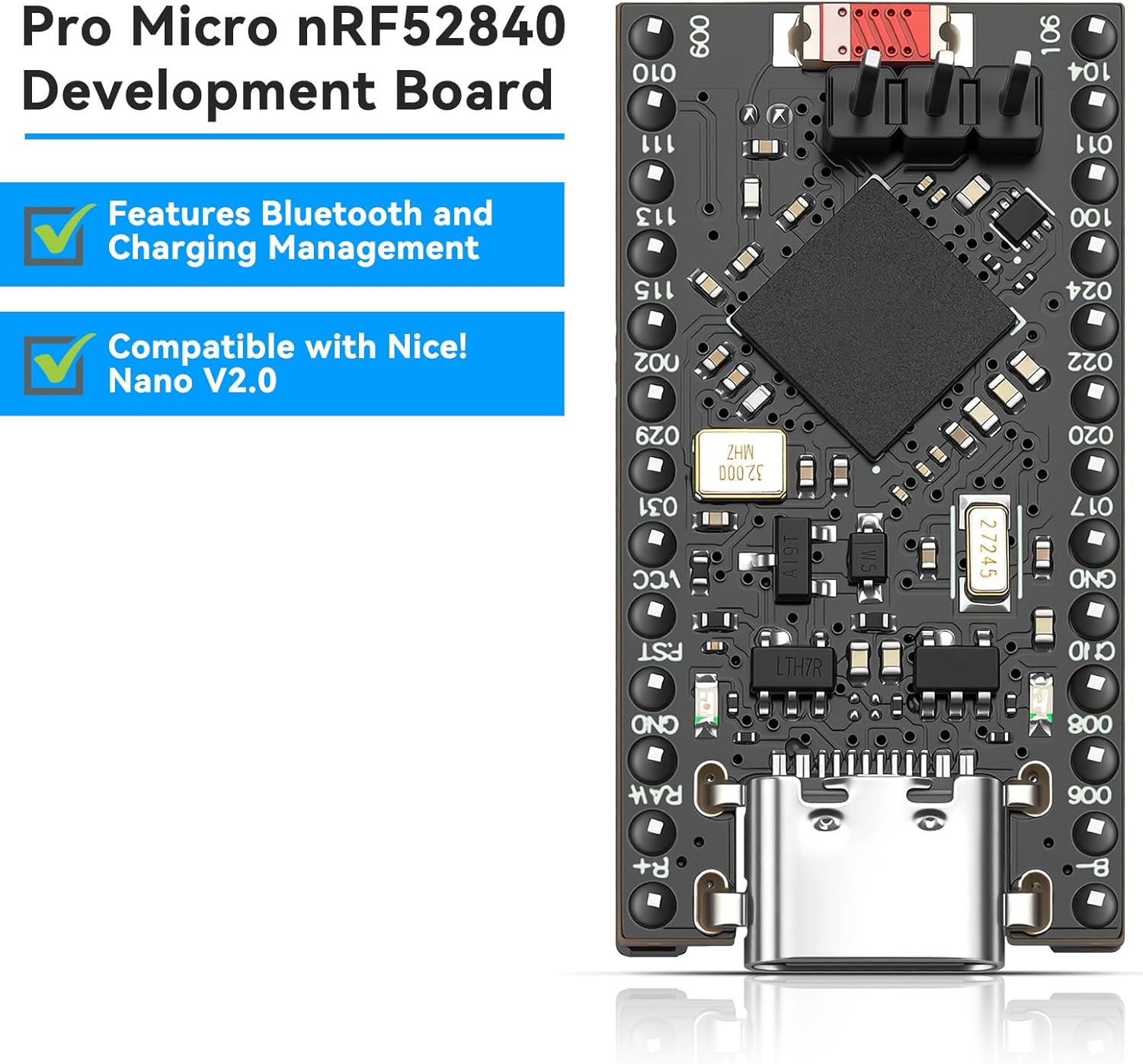 6pcs Pro Micro nRF52840 Development Board Supports Bluetooth 5.0, Wireless Bluetooth Charging Management Module Compatible with Nice!Nano V2.0, Arduino IDE